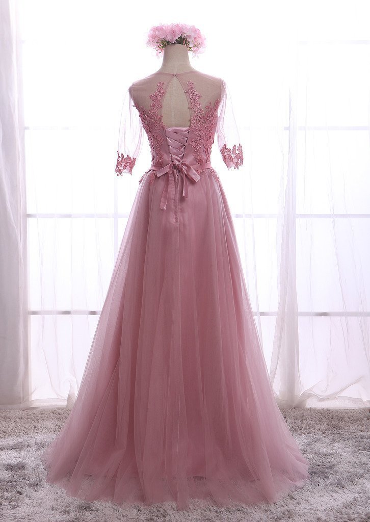 Elegant Women's Half Sleeves Lace Applique Tulle Long Formal Evening Dress for Prom, Wedding, Gala & Special Occasions