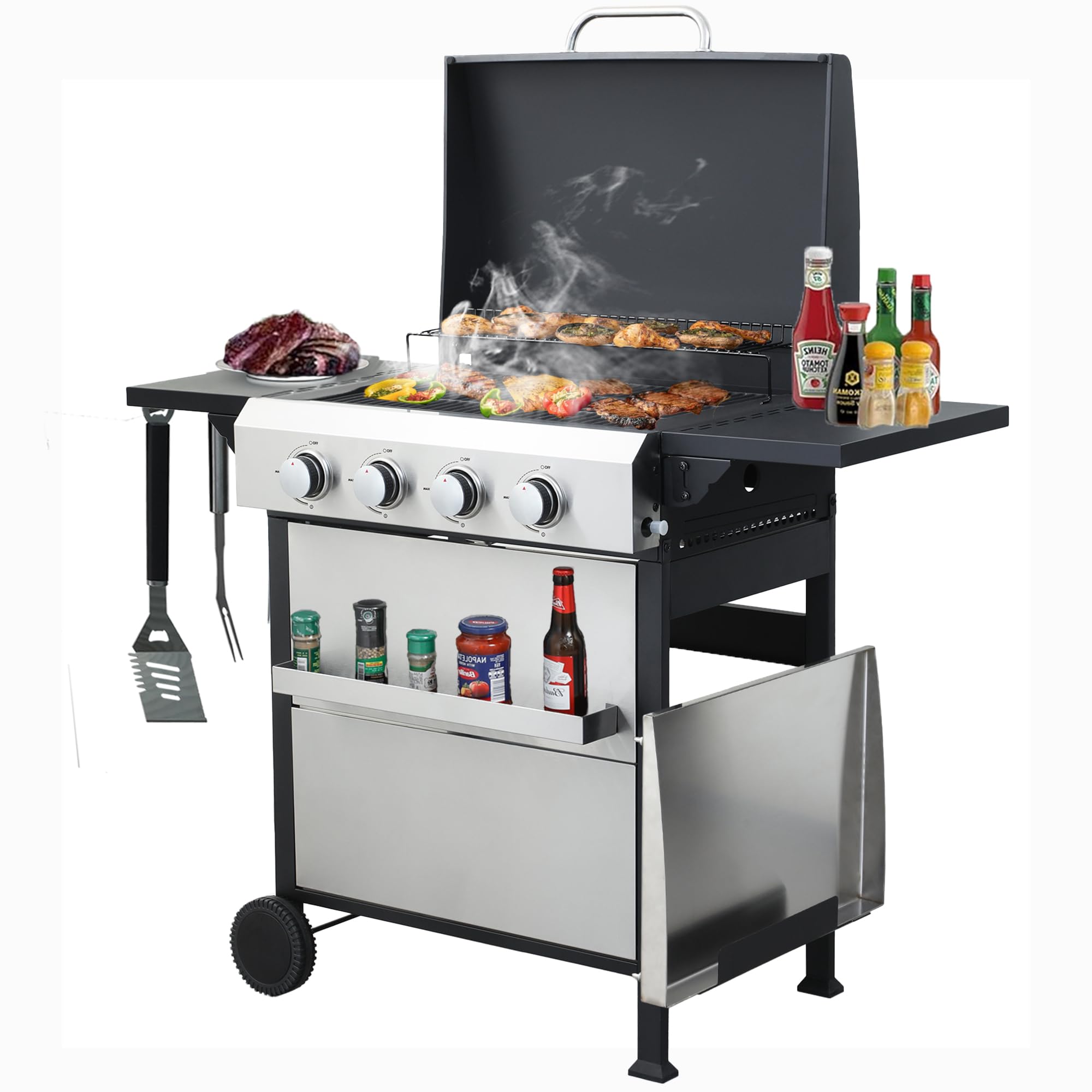 4 Burner Outdoor Griddle Grill Combo - 2-in-1 Propane Gas BBQ Grill with Enameled Cast Iron Grids & Stainless Steel Plancha - 49,200 BTU Portable Gas Grill for Backyard, Camping, Tailgating and Outdoor Cooking