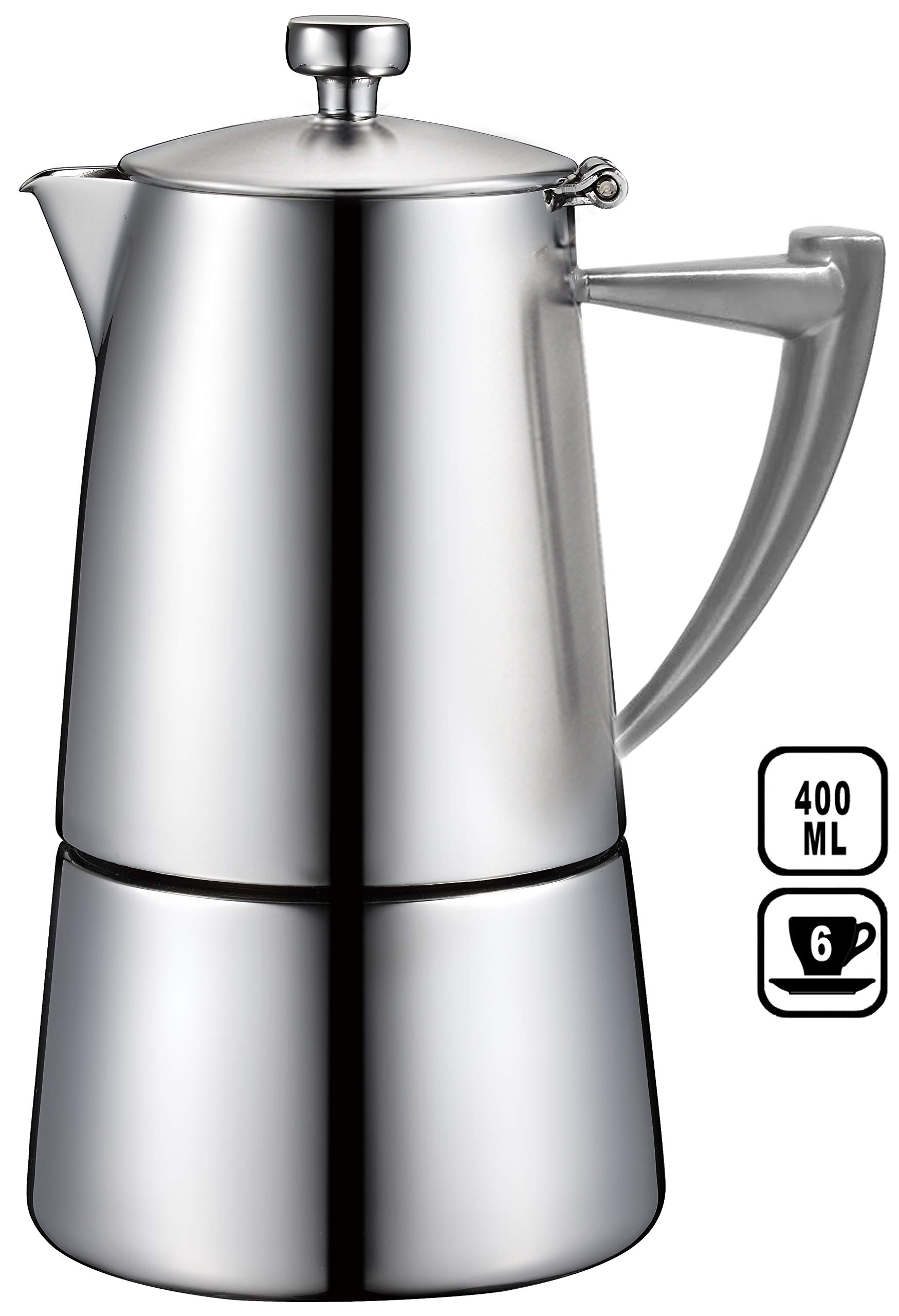 CUISINOX Roma Satin Stainless Steel Moka Pot Stovetop Espresso Maker - 6 Cup Italian Coffee Maker for Home & Office - Perfect for Espresso, Latte & Cappuccino Lovers