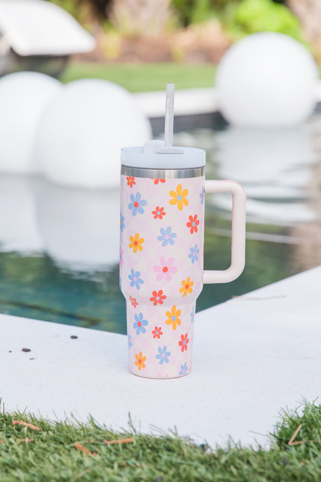 40oz Summer Checkered Daisy Tumbler with Lid & Straw - Insulated Stainless Steel Water Bottle for Iced Coffee, Smoothies & Outdoor Activities