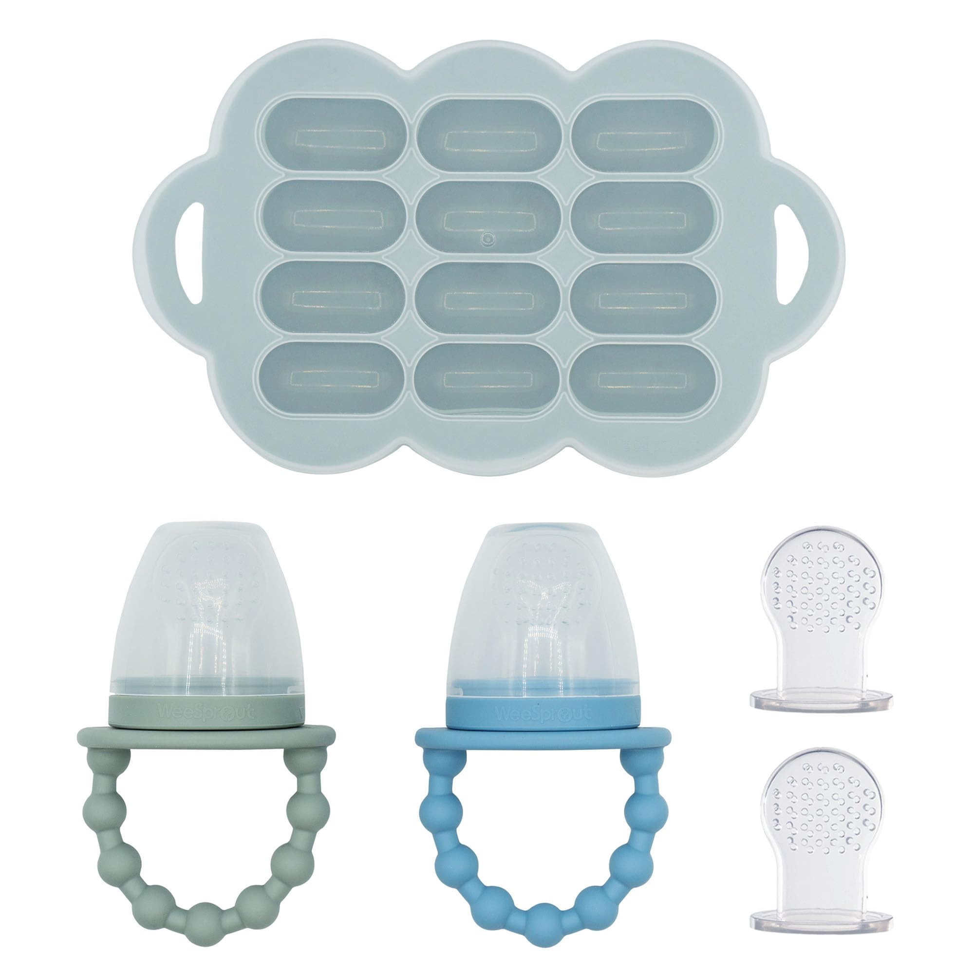 WeeSprout Silicone Baby Food Feeders & Freezer Tray Set - 2 Pack with Extra Pouches & Travel Lids | Safe for Introducing New Foods & Teething Relief | Dishwasher Safe | Perfect for On-the-Go Feeding & Meal Prep