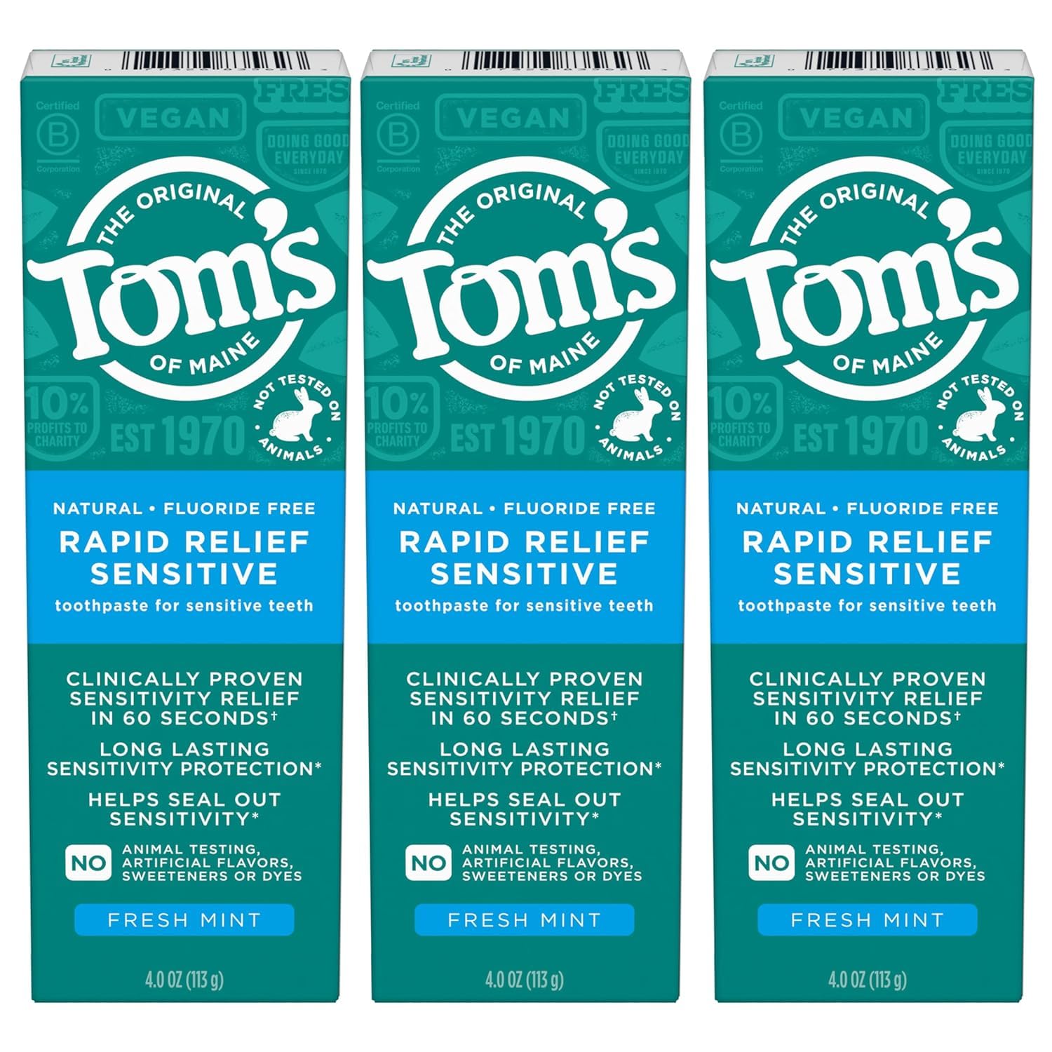 Tom's of Maine Rapid Relief Sensitive Natural Toothpaste - 4oz (Pack of 3) | Fluoride-Free for Sensitive Teeth & Gum Care | Ideal for Daily Oral Hygiene & Travel