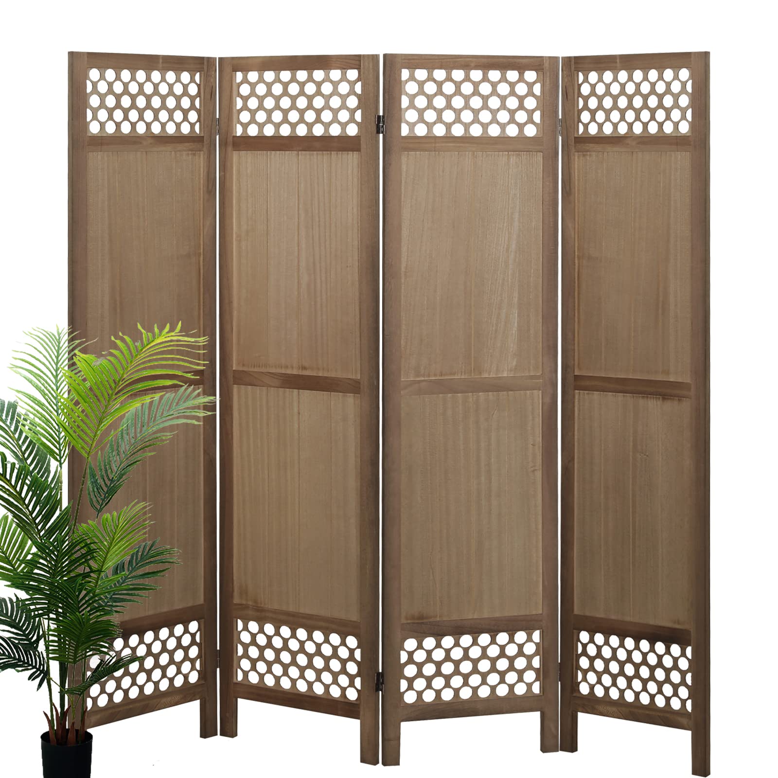 ECOMEX 4 Panel Wooden Room Divider with Cutout Design - 5.6Ft Folding Privacy Screen for Bedroom, Office, Hotel, Garden & Terrace - Brown (Perfect for Space Partition & Home Decor)