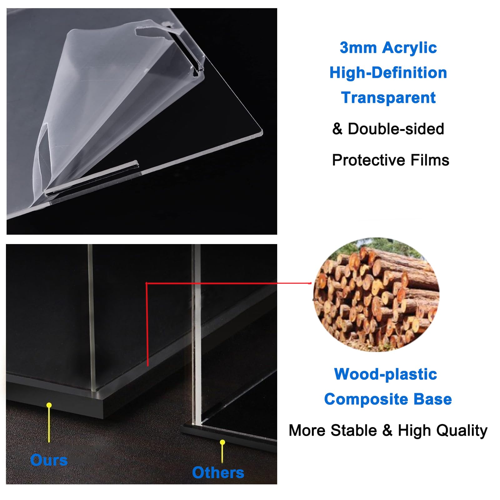 Thickened Clear Acrylic Display Case with Wood-Plastic Base for Lego Sets 21349 71834 76453 43244 - Transparent Collectible Display Box with LED Light for Action Figures & Toys (Black Interior, 11.8x11.8x15.7 inch) - Perfect for Home Decor, Office Display & Gift Packaging