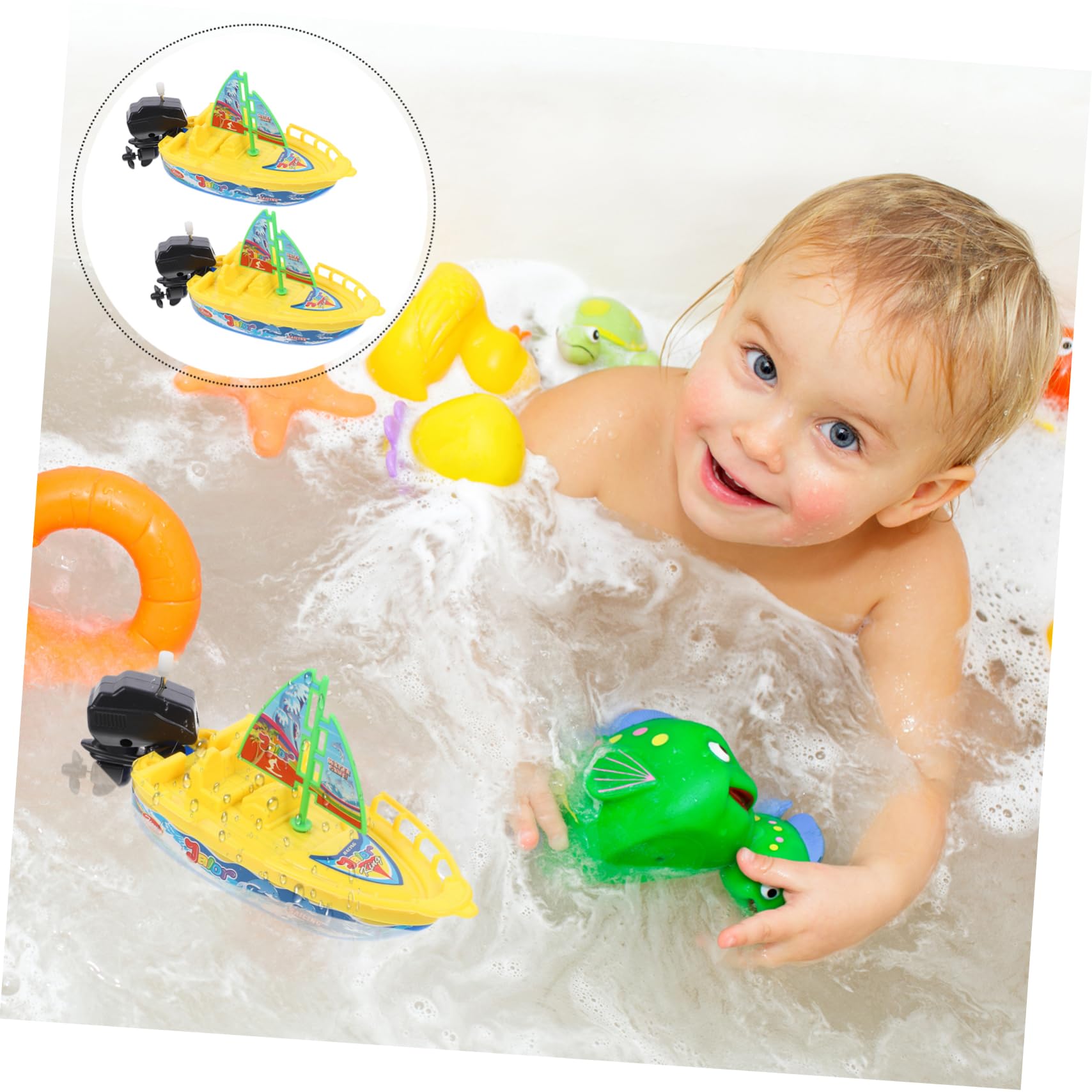 SKISUNO 4-Piece Wind Up Bath Toys for Kids - Floating Boat Bathtub Toys, Waterproof Shower Toys for Toddlers & Boys (Yellow) - Perfect for Bathtime Fun, Pool Play & Sensory Water Activities