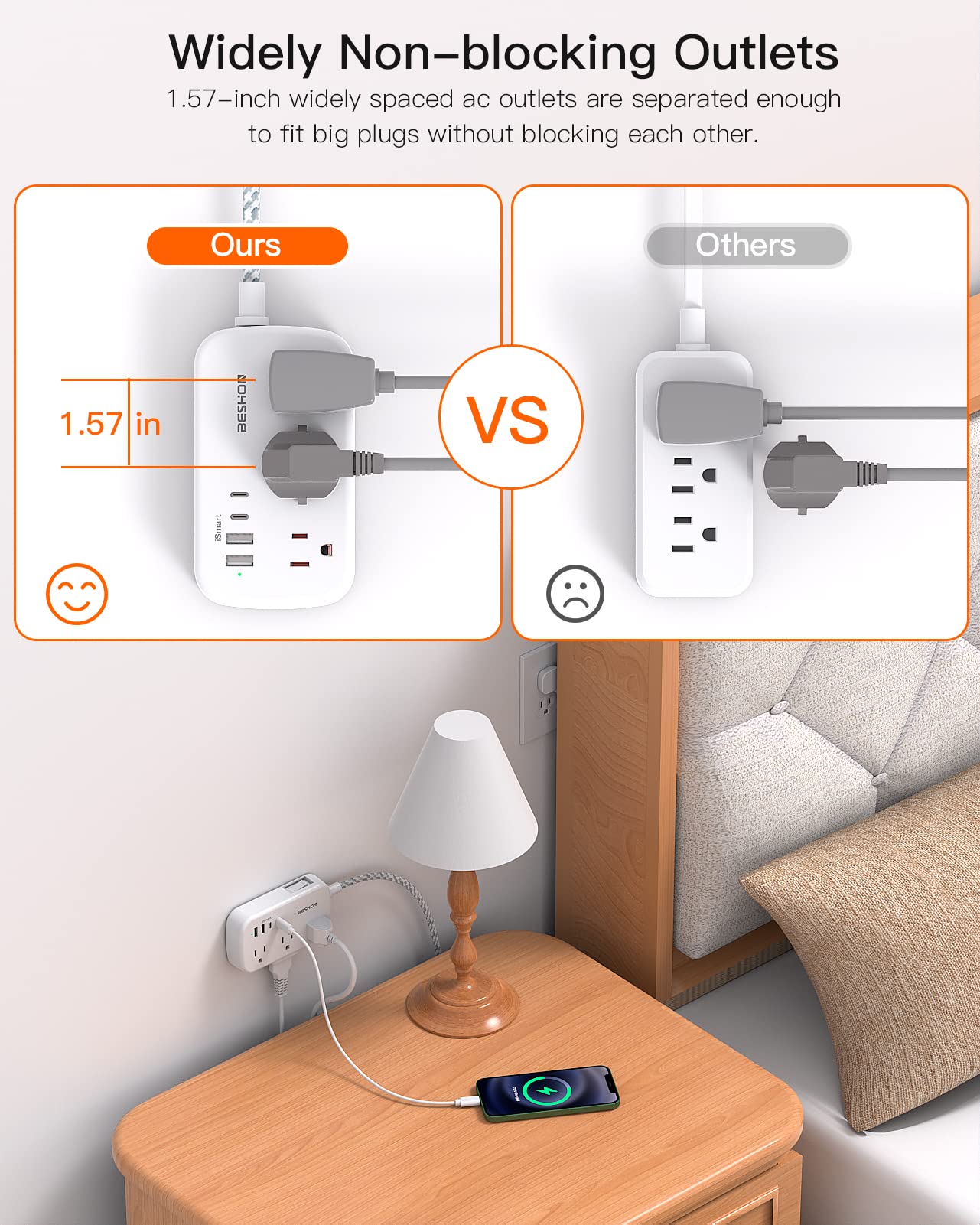 5FT Flat Plug Extension Cord with 6 Outlets & 4 USB Ports (2 USB C) - Cruise Ship, Dorm Room Travel Essentials - Perfect for Charging Multiple Devices On The Go
