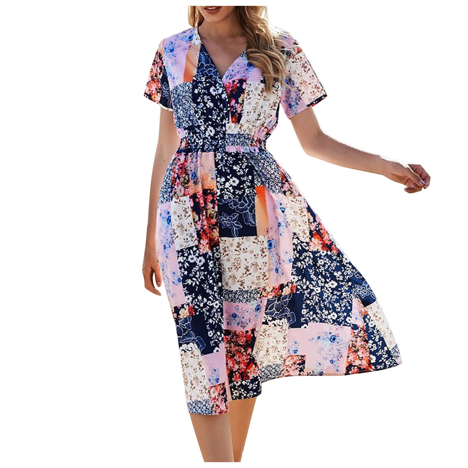 Women's Floral Print V-Neck Sundress - Casual Midi Dress with Elastic Waist for Summer, Beach, Wedding Guest & Vacation | Lightweight Breathable Fabric for Outdoor Parties, Date Nights & Tropical Getaways