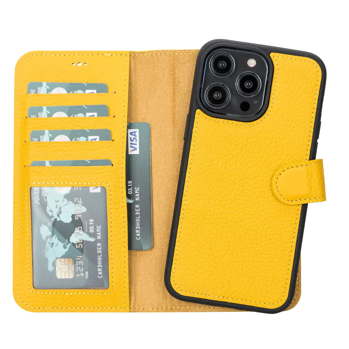 Premium Yellow Leather Wallet Case for iPhone 14 Pro Max - Slim RFID Blocking Phone Cover with Card Slots | Perfect for Travel, Shopping & Everyday Use