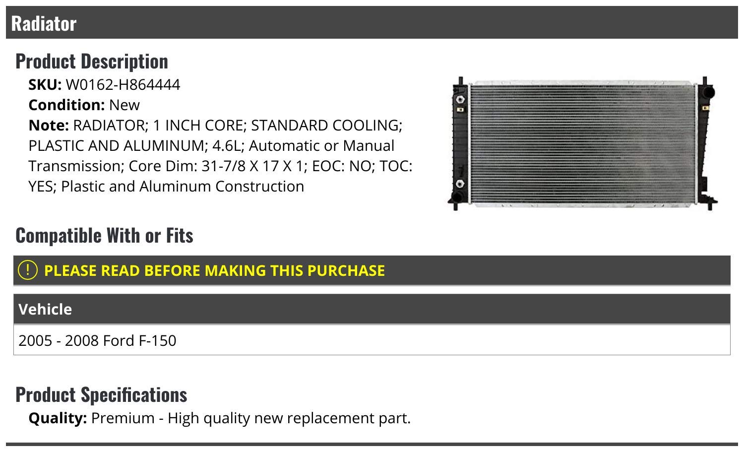 High-Performance Aluminum Radiator with Transmission Oil Cooler - Compatible with 2005-2008 Ford F150 4.6L V8 - Perfect for Off-Roading, Towing & Heavy-Duty Use