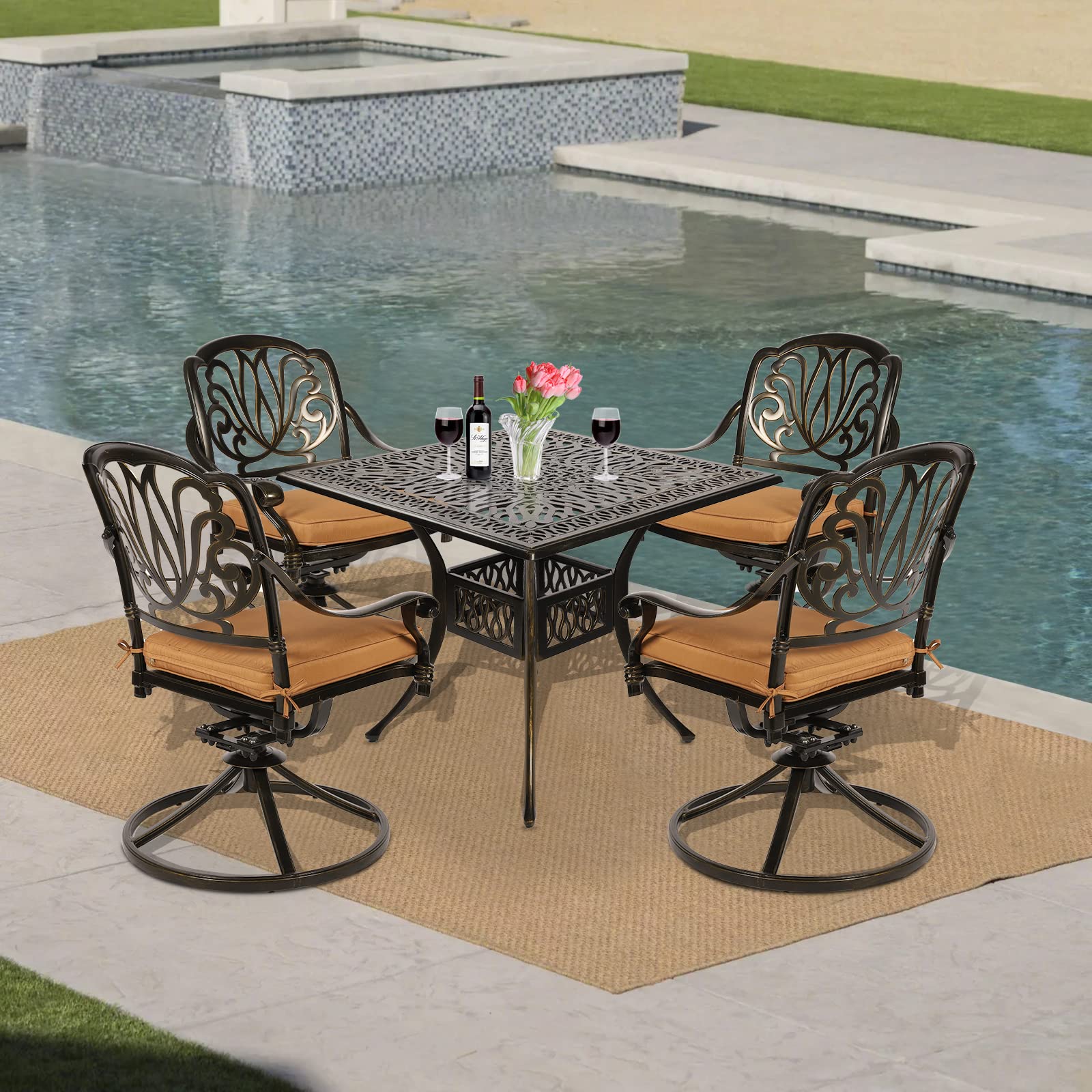 VIVIJASON 5-Piece Outdoor Patio Dining Set - All-Weather Cast Aluminum Conversation Set for Deck, Lawn & Garden - Includes 4 Swivel Chairs & 35.4