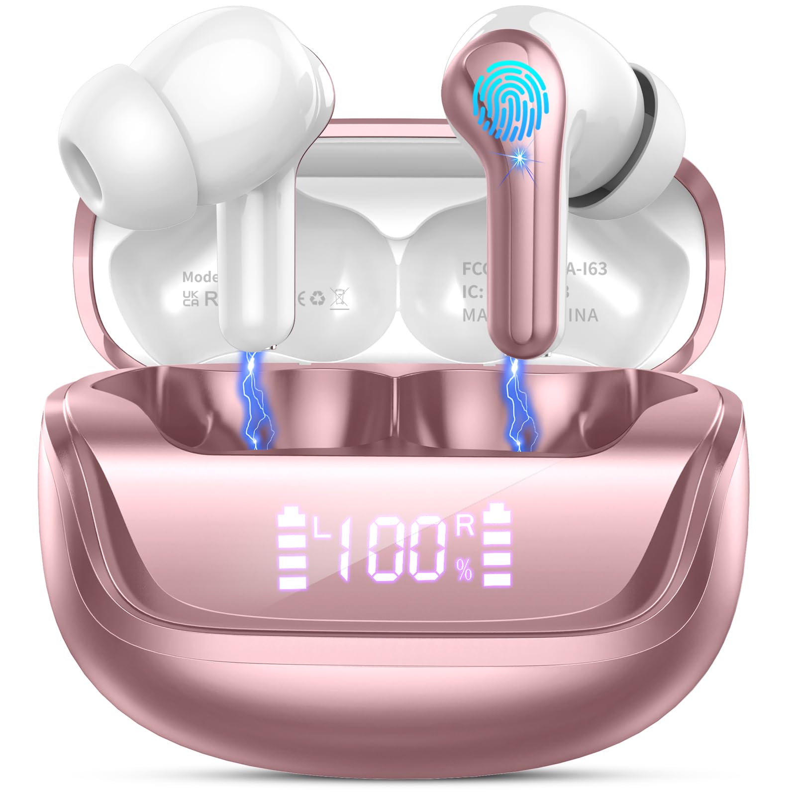 Wireless Earbuds Bluetooth 5.4 with Deep Bass Stereo, 4 ENC Mics Noise Cancelling in-Ear Headphones, 45H Playtime LED Display Mini Charging Case, IP7 Waterproof Wireless Earbuds for Android iOS - Perfect for Workouts, Commuting & Travel