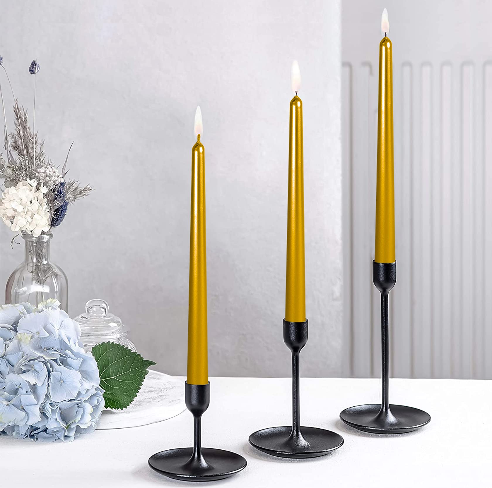 12 Pack 10 Inch Spiral Taper Candles - Long Lasting 8 Hours, Unscented & Smokeless - Elegant Glossy Gold for Home Decor, Dinner Parties, Weddings, Halloween & Christmas Celebrations