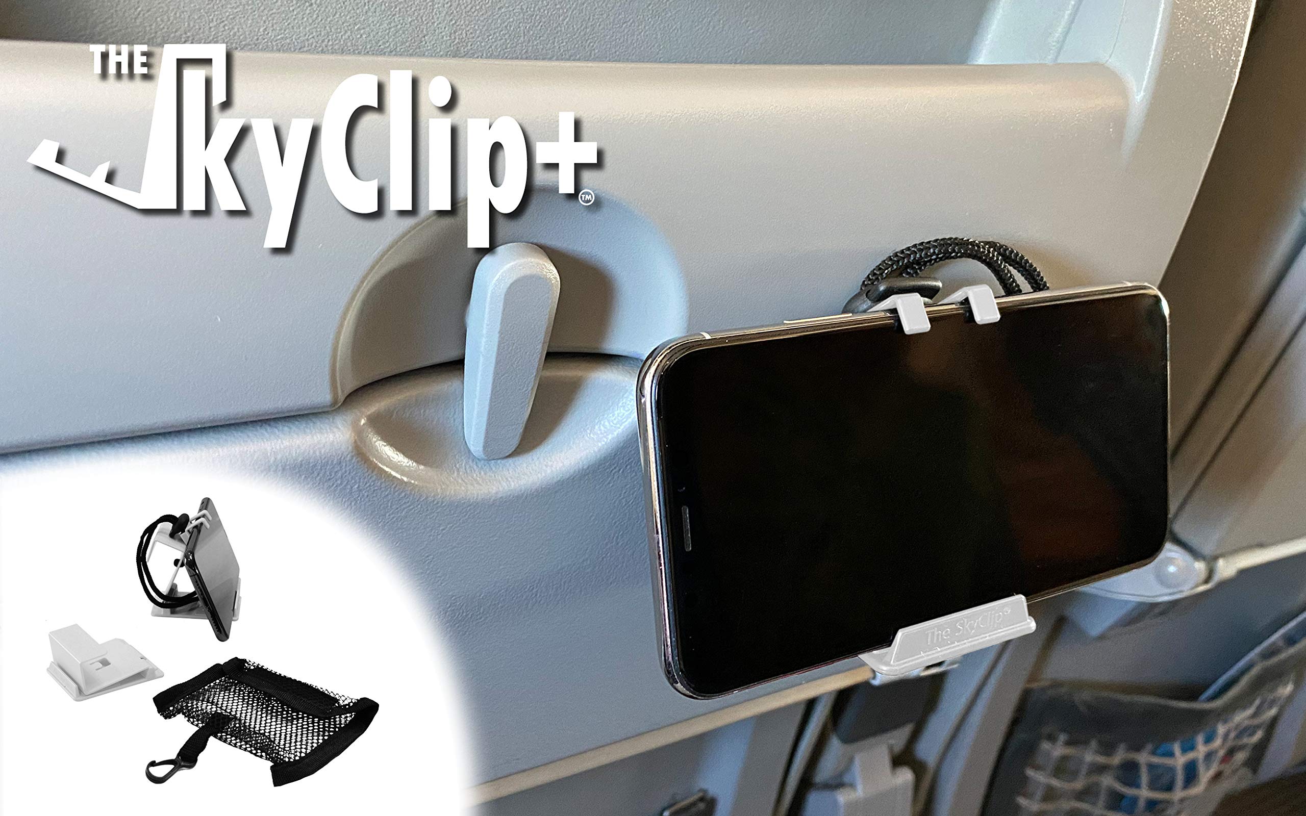 SkyClip+ Universal Phone & Tablet Holder - Adjustable Airplane Seat Mount for iPhone, Android, Kindle & iPad - Perfect for Travel, Home & Office Use - White Travel Accessory (Ideal for Watching Movies, Video Calls & Hands-Free Reading)