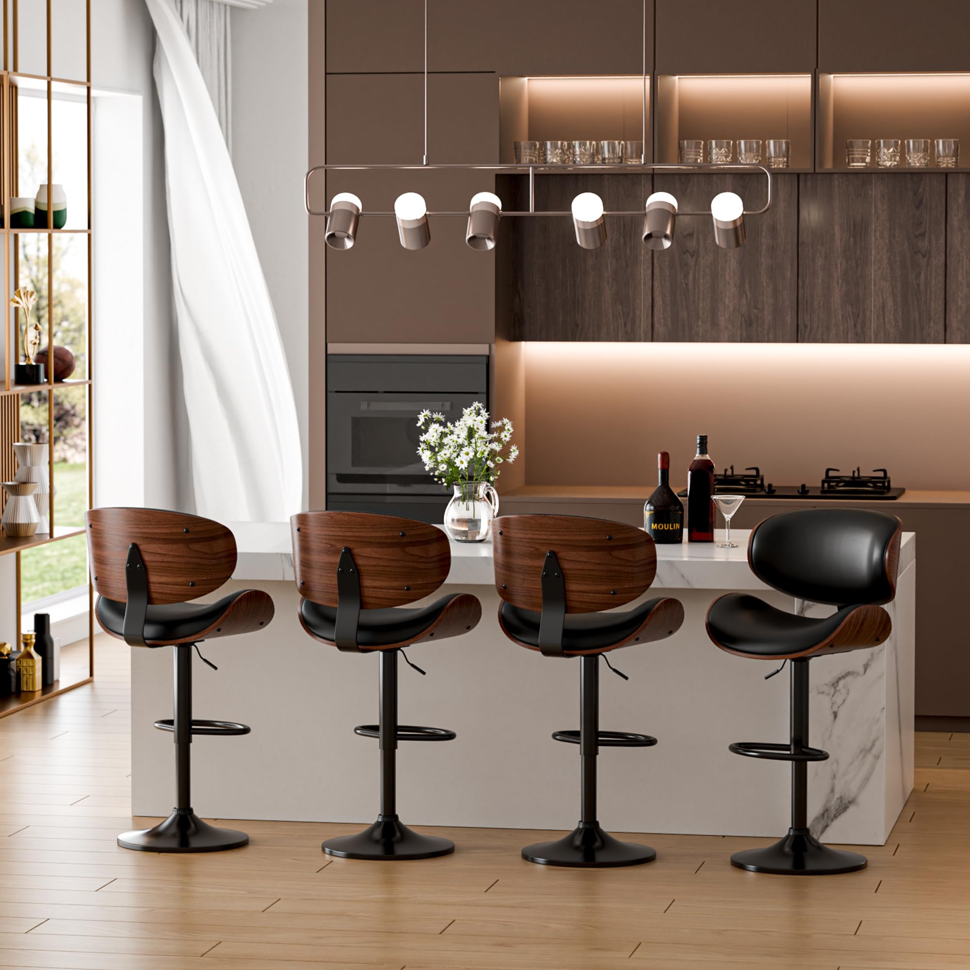 4-Piece Adjustable Swivel Bar Stools Set - Mid-Century Modern PU Leather Counter Height Bar Stools with Back for Kitchen Island, Dining Bar & Home Decor (Black)