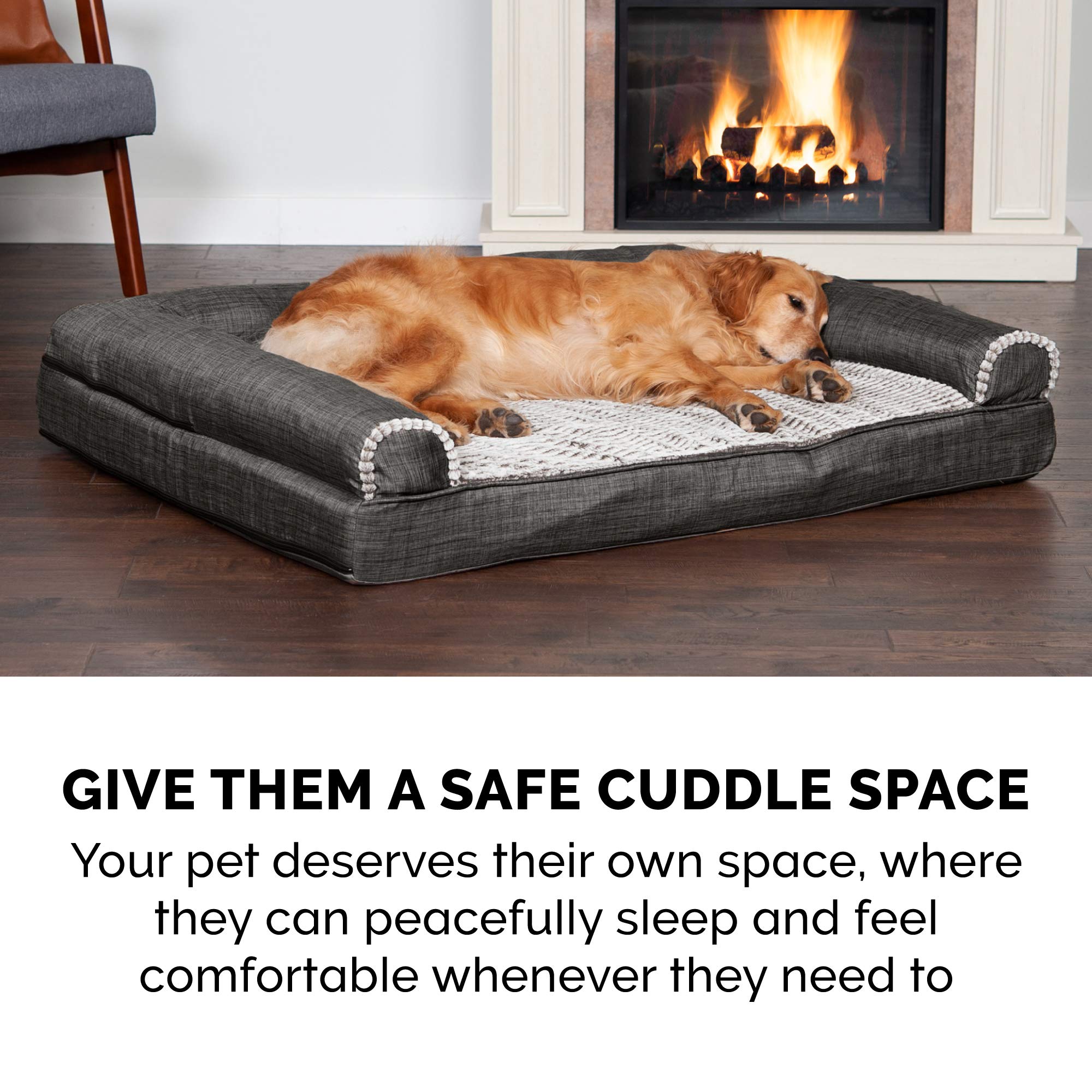**Furhaven Orthopedic Dog Bed for Large & Medium Dogs - Removable Bolsters & Washable Cover - Supports Up to 55 lbs - Plush Faux Fur & Durable Linen Sofa Style - Charcoal (Large) - Perfect for Living Room, Bedroom, or Pet-Friendly Spaces**