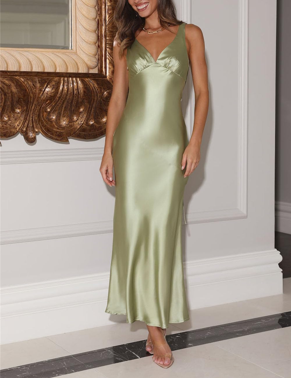 Elegant Satin V-Neck Backless Sleeveless Maxi Dress for Women - Silk Tie Low Back Formal Cocktail Dress - Perfect for Wedding Guest, Evening Party, and Special Occasions