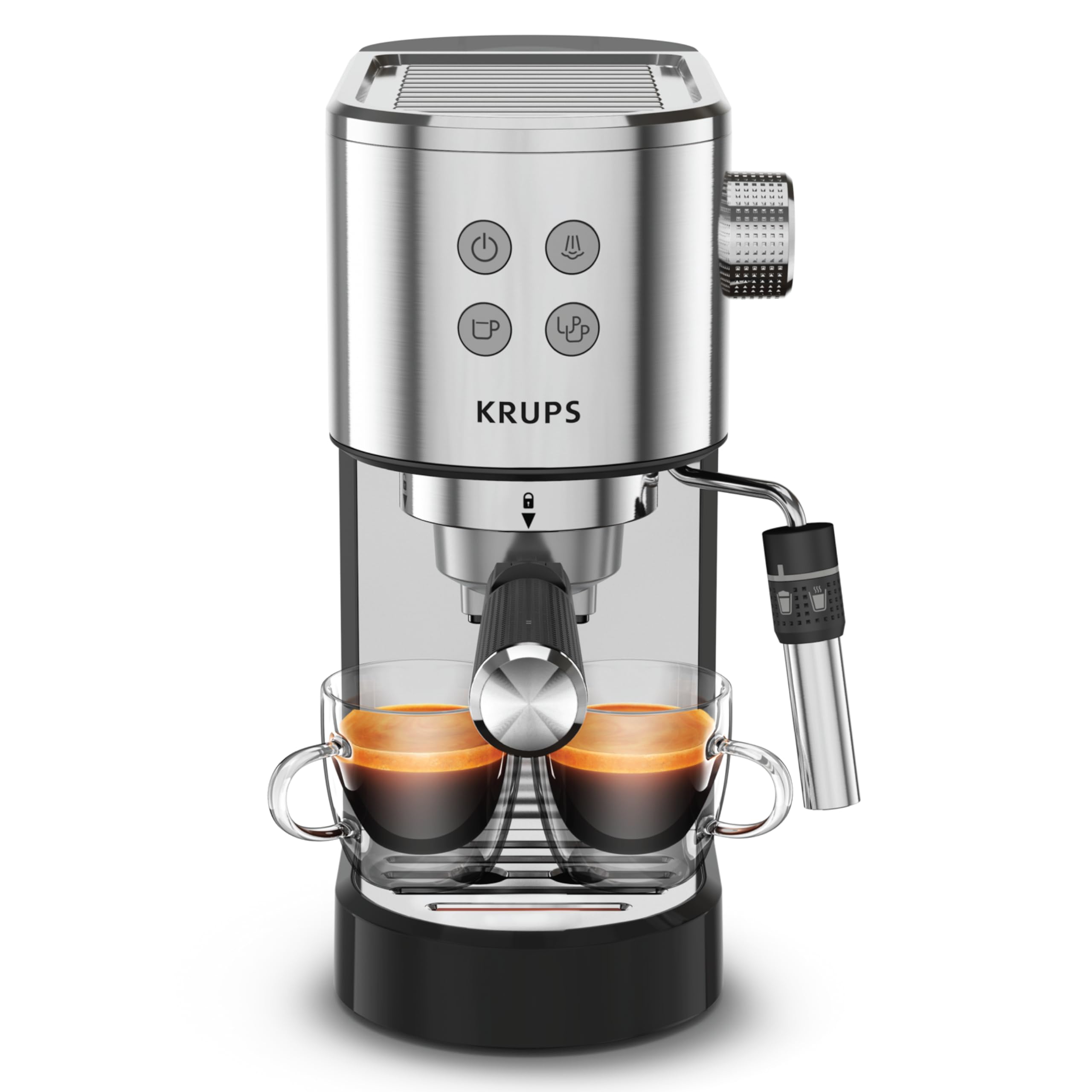 KRUPS Stainless Steel Espresso Machine with 15-Bar Pump Pressure & Milk Frother - Perfect for Cappuccino & Latte - Fast Pre-Heat, 2-Cup Capacity, Cup Warmer, Easy to Clean, 1350W, Silver - Ideal for Home Baristas & Coffee Lovers