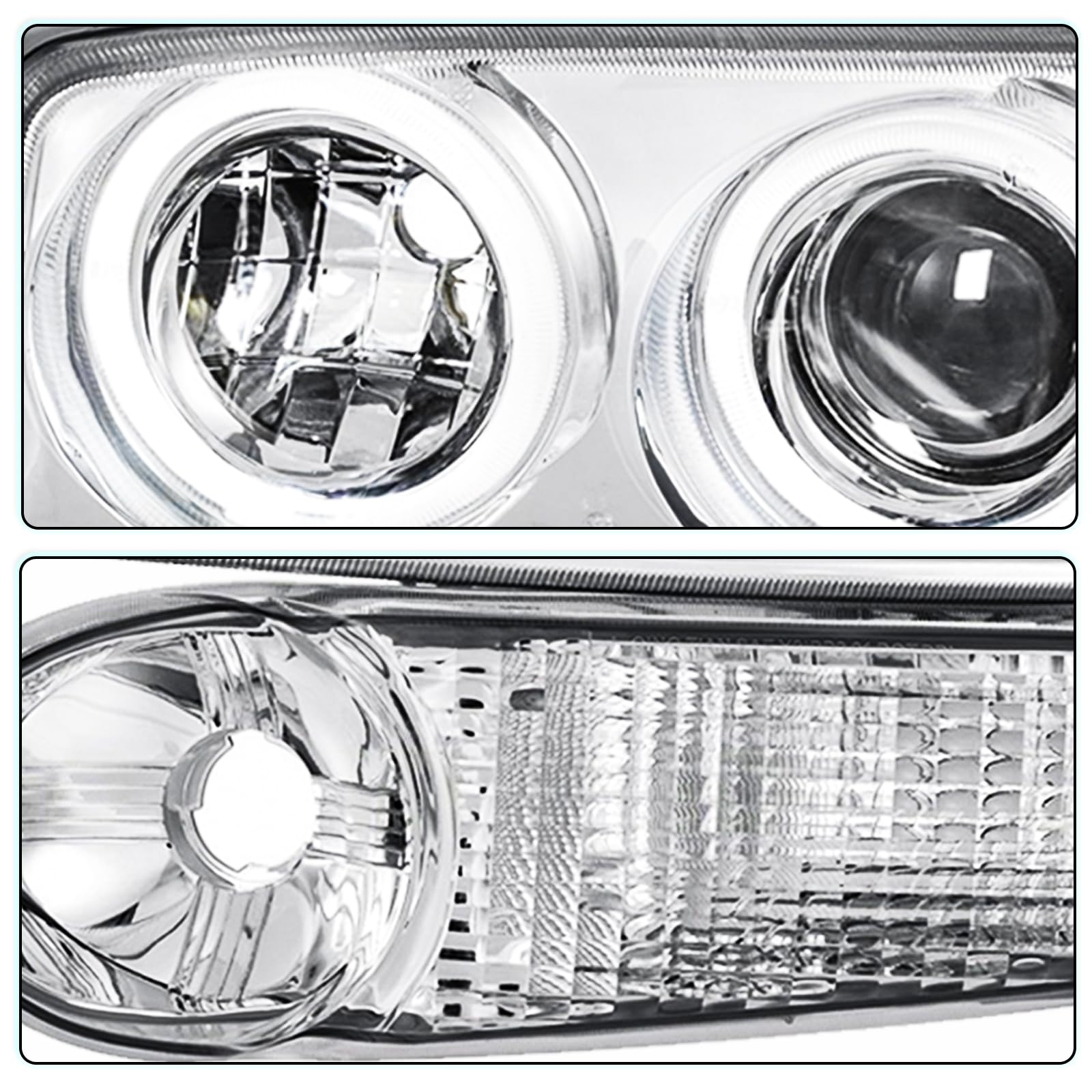2001-2006 GMC Yukon & Yukon XL Denali Headlight Assembly - LED Projector Halo Lights with Bumper Lights - Chrome Housing Replacement for Sierra 1500 Denali (4-Piece Set) - Perfect for Night Driving & Off-Road Adventures