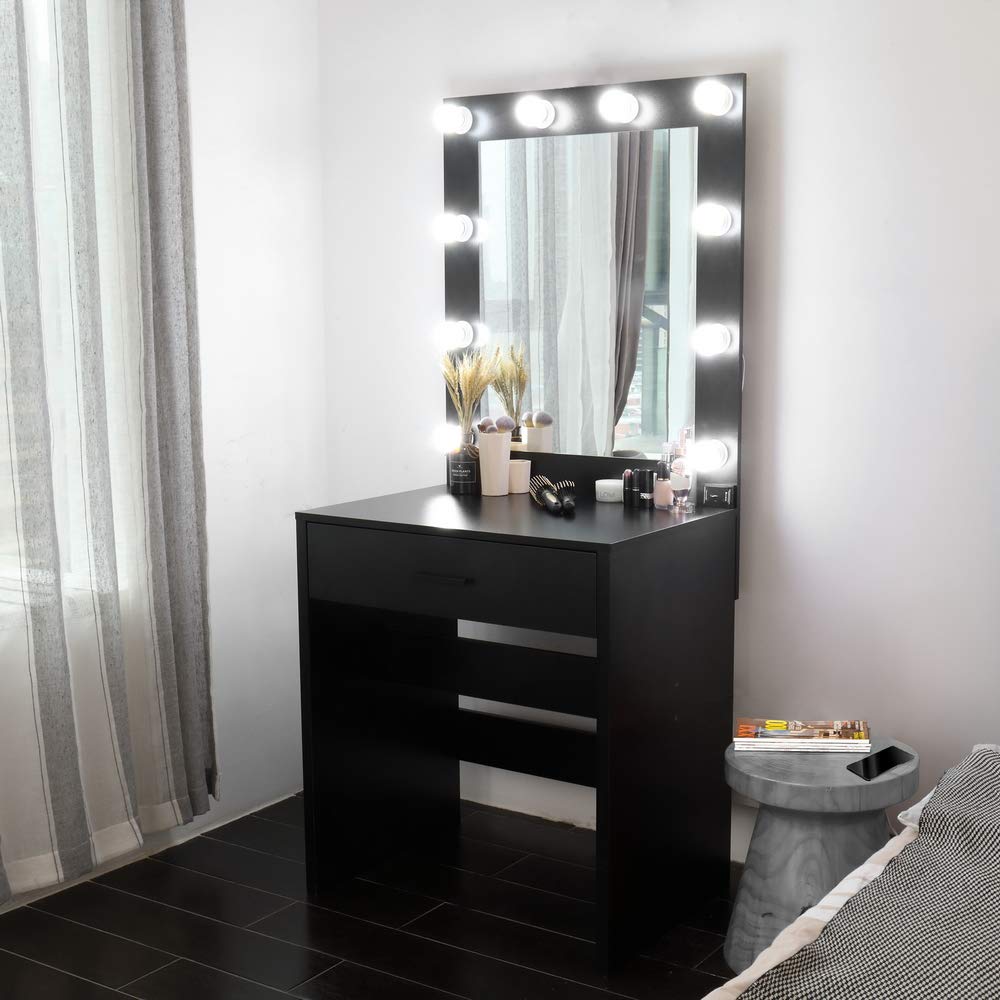 GBB Single Drawer Vanity Table with LED Lights & Large Mirror - Makeup Dressing Table for Bedroom, Home Office, Hair Salon & Studio - Black Cosmetic Storage Desk with Adjustable Cold Lighting for Professional & Home Use