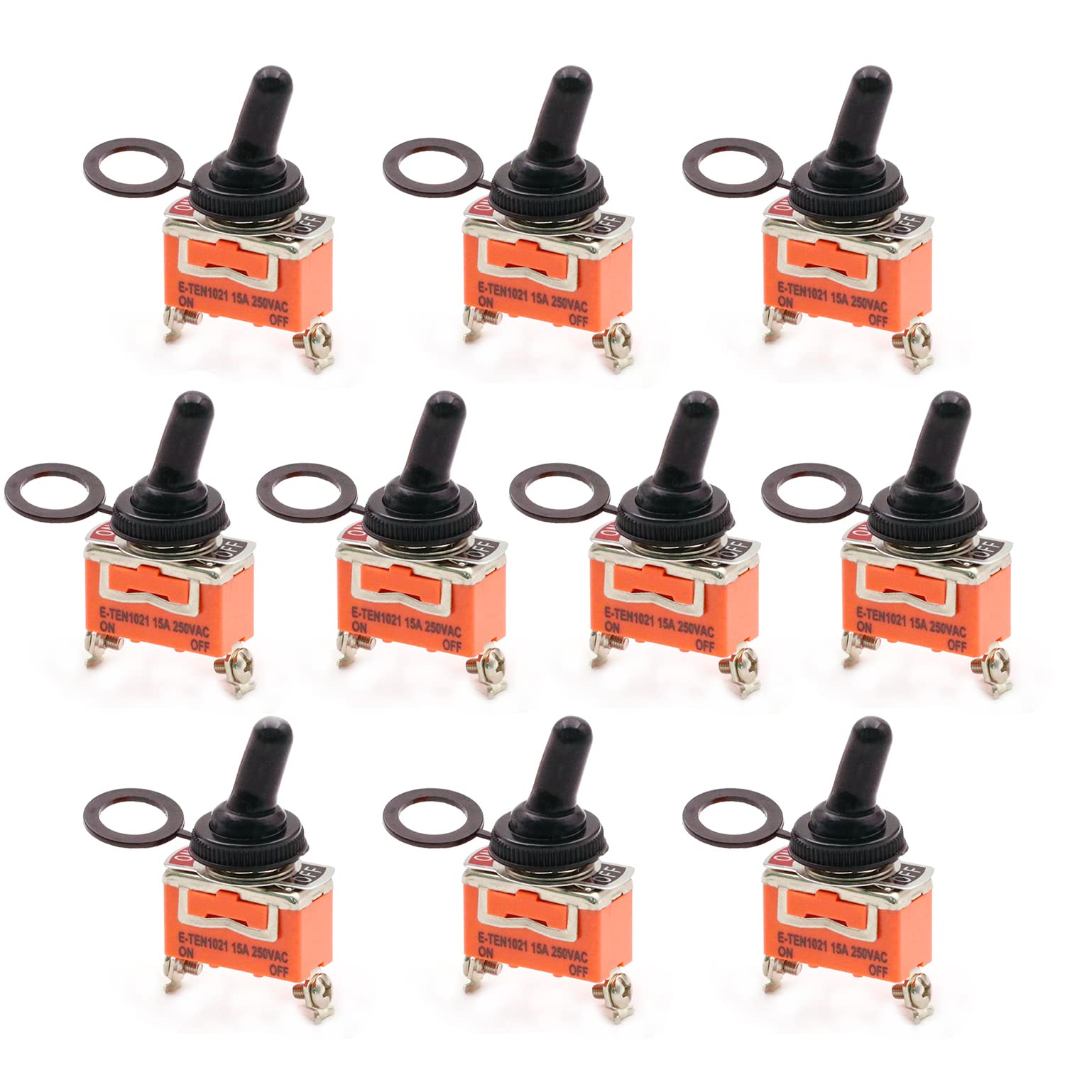 10-Pack Waterproof Toggle Switch - 2 Position 2 Pin ON/Off Metal Heavy Duty Switch (15A 250V) with Waterproof Boot Cap - Ideal for Marine, Automotive, and Outdoor Electrical Applications