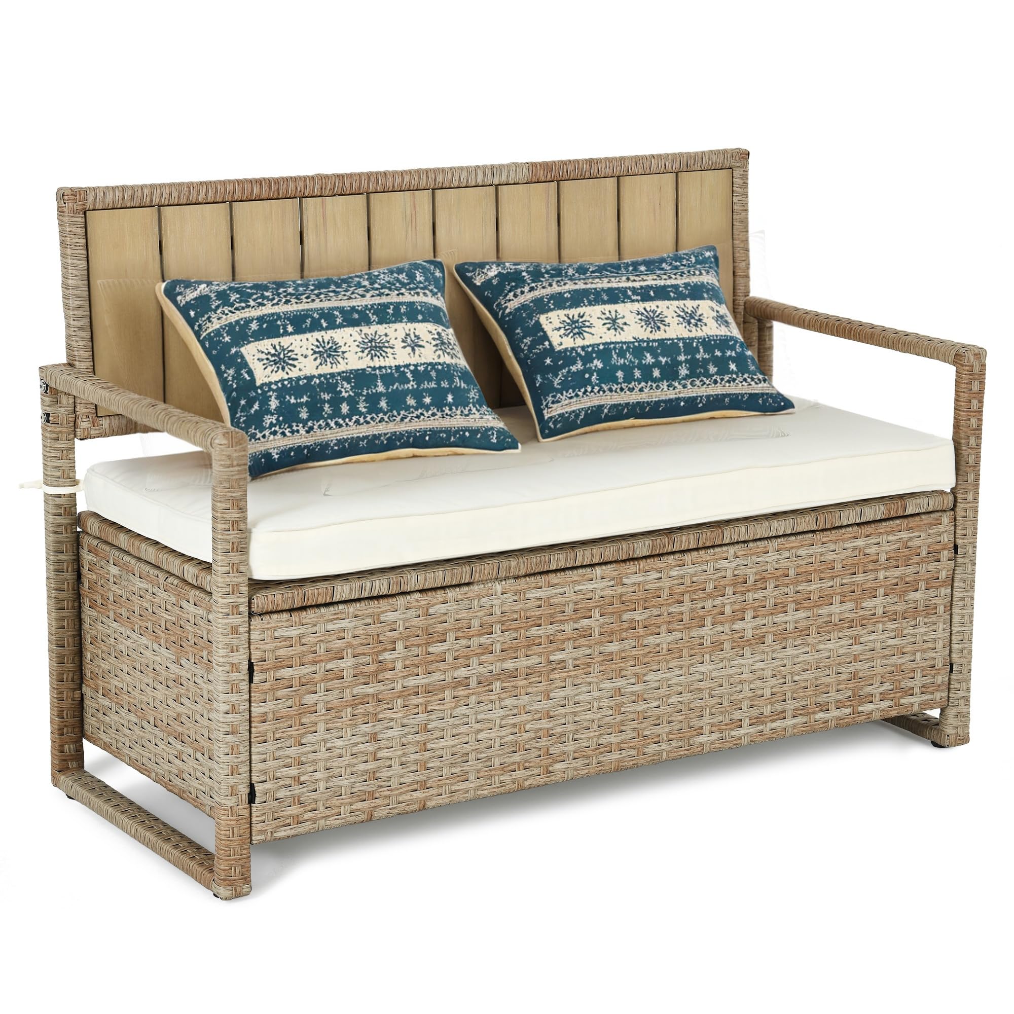 YITAHOME 70 Gallon Outdoor Storage Bench - All-Weather PE Rattan Deck Box with Wicker Design | Patio Furniture Storage, Pool Accessories Organizer, Garden Tools Container | Perfect for Backyard, Deck & Poolside Use (Beige)
