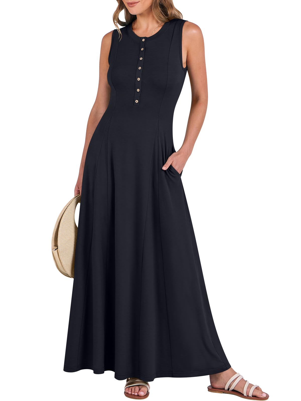 ANRABESS Women's Summer Sleeveless Maxi Sundress - Button Front A-Line Flowy Long Dress for Beach, Vacation & Casual Outfits | Lightweight Comfortable Boho Chic Dress for Outdoor Parties, Date Nights & Tropical Getaways