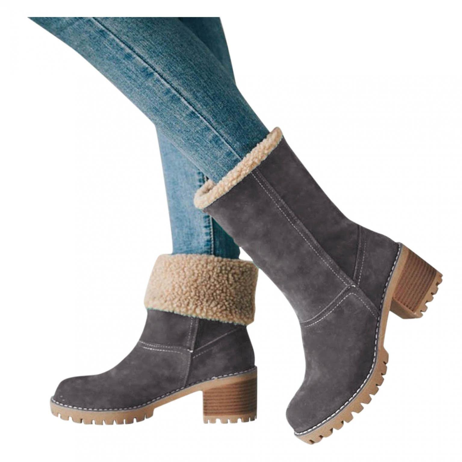 UOCUFY Women's Chunky Heel Suede Booties - Cute Warm Short Boots with Round Toe for Winter | Perfect Snow Ankle Boots for Casual Outfits & Cold Weather