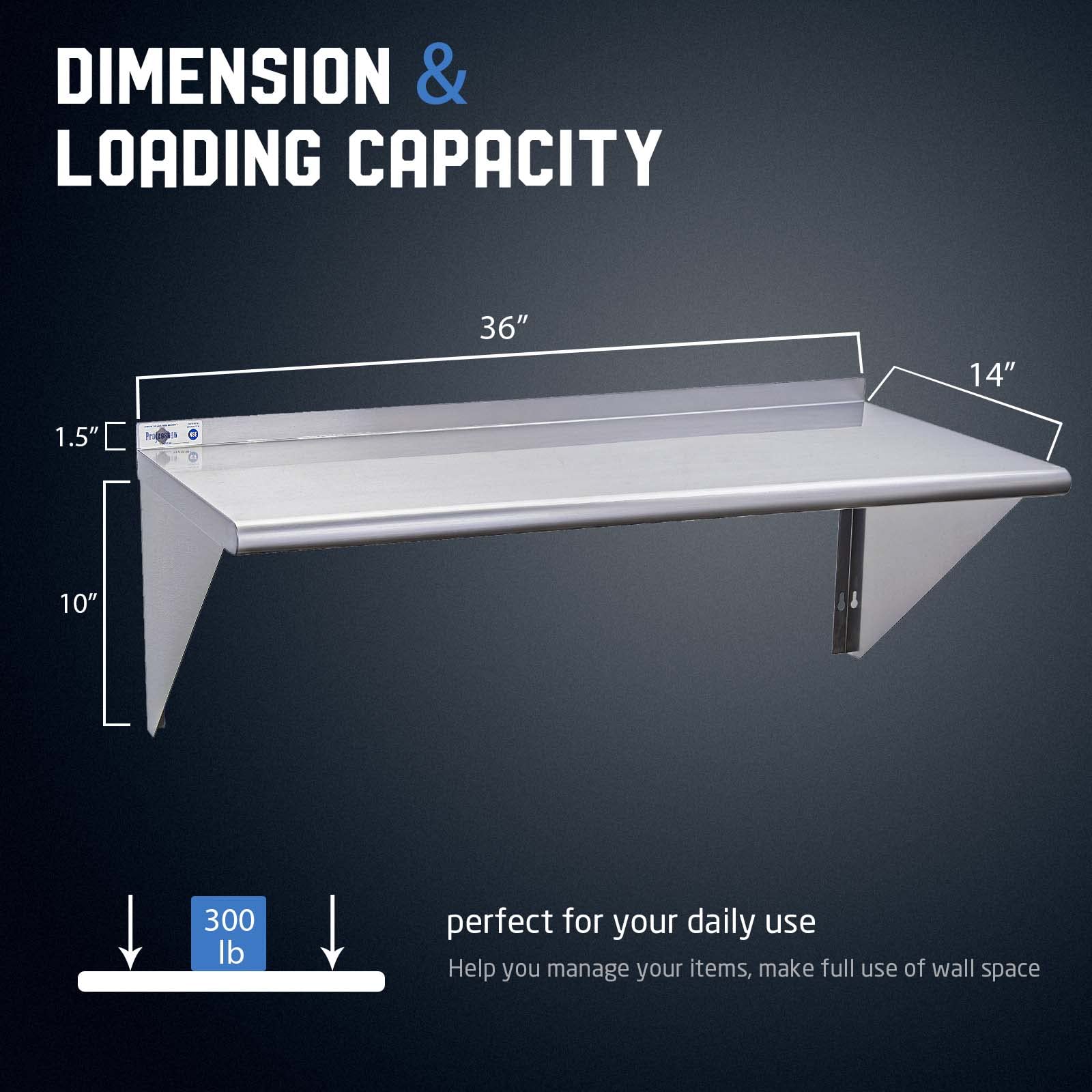 NSF Certified 14” x 36” Stainless Steel Commercial Shelf - 300 lb Capacity Wall Mounted Metal Shelving with Backsplash & 2 Brackets for Restaurant, Bar, Kitchen, Garage - Perfect for Food Prep, Storage & Organization