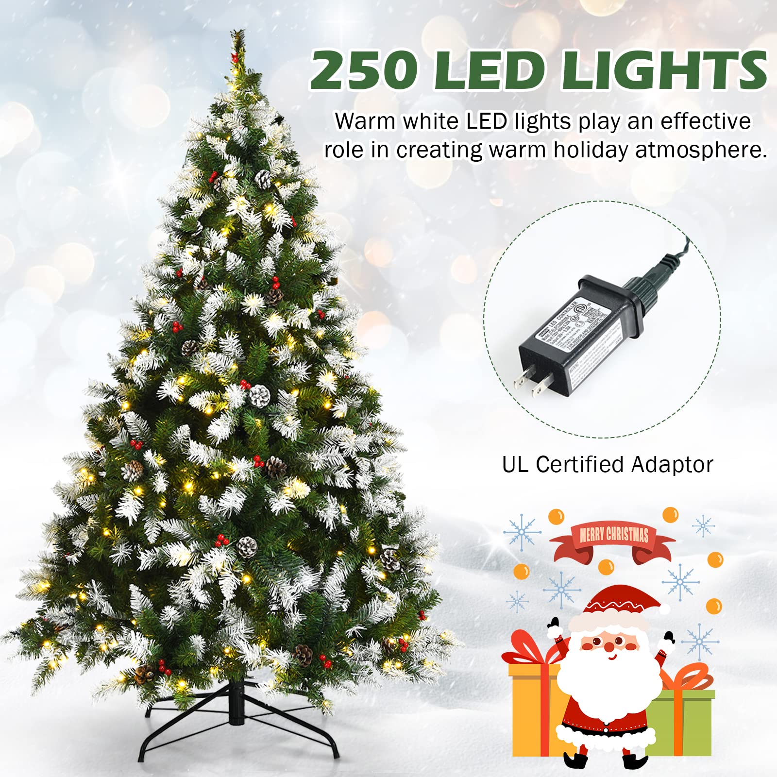 GOFLAME 6ft Pre-Lit Snow Flocked Artificial Christmas Tree with 250 Warm White LED Lights, 8 Lighting Modes, Hinged Branches & Sturdy Metal Stand - Perfect for Living Room, Office, and Holiday Festival Indoor Decorations