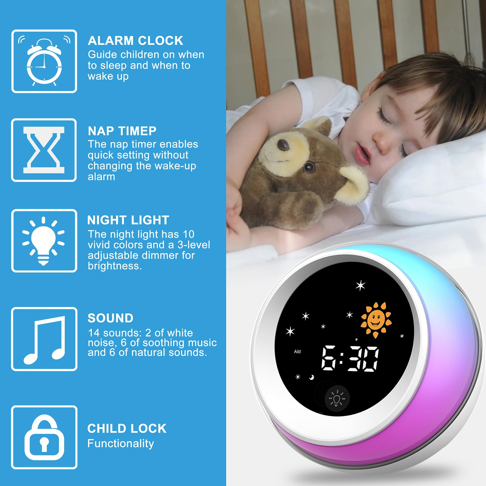 Kids Alarm Clock with Red Light Green Light - Sleep Training Clock for Children | Sun & Star Design, Built-in Sound Machine, Night Light & Nap Timer | Perfect for Bedrooms, Daycare & Nursery Use