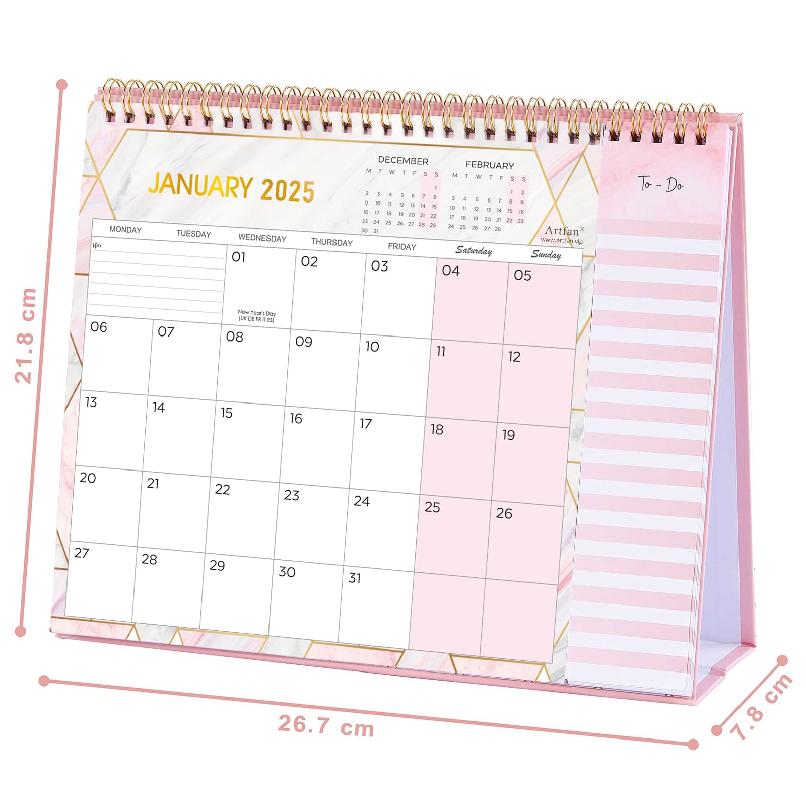 2025 Desk Calendar with To-Do List | Jan-Dec 12-Month Planner (26.7x21.8x7.8cm) | Pink Office Organizer for Home, School & Work Productivity