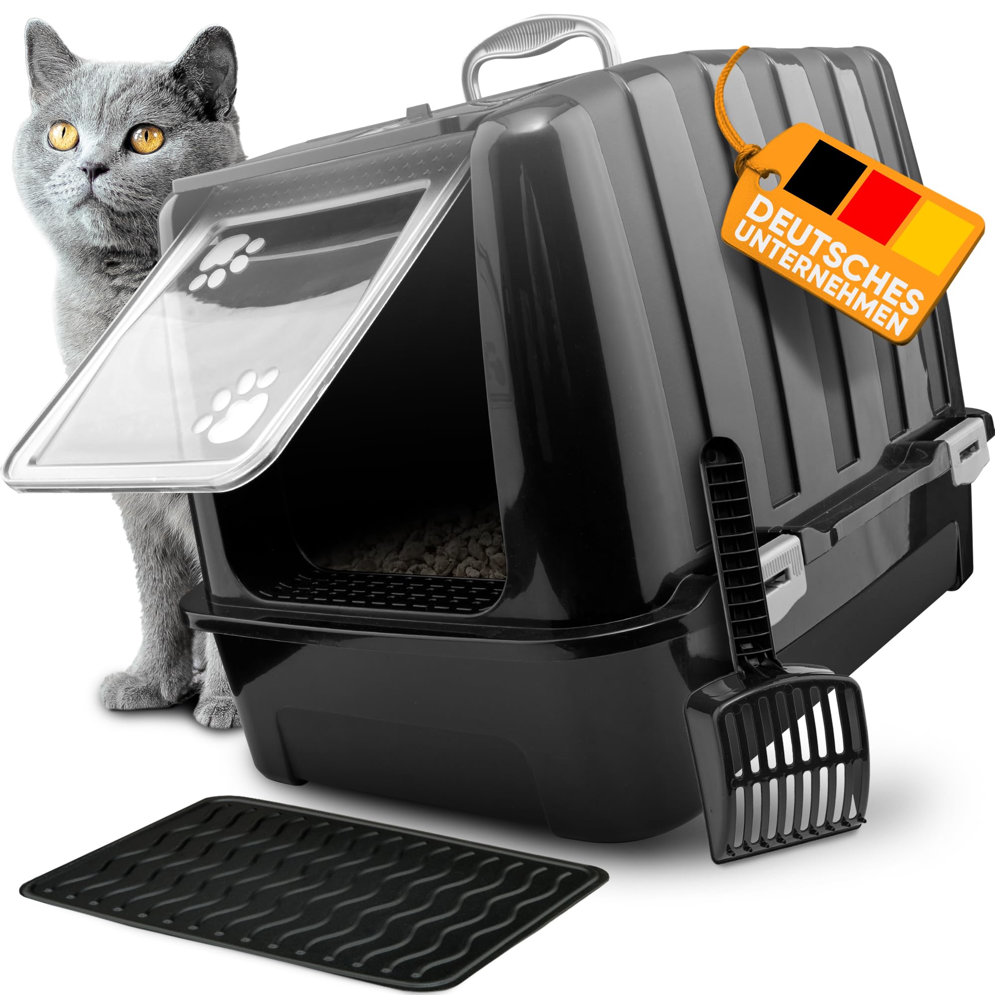 Premium XXL Cat Litter Box with Lid, Activated Carbon Filter & Scoop - Odor Control Cat Litter Tray with Non-Slip Mat - Modern Enclosed Litter Box for Large Cats - Perfect for Small Spaces & Multi-Cat Homes