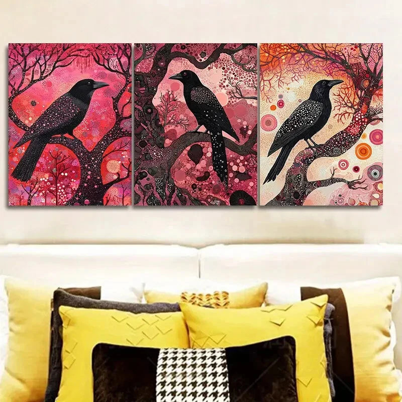 3-Piece Psychic Crow Wall Art Set - Framed Canvas 40x60cm (16x24in) | High Quality Print | Australian Made | Ready to Hang | Gothic Home Decor for Living Room, Bedroom & Office