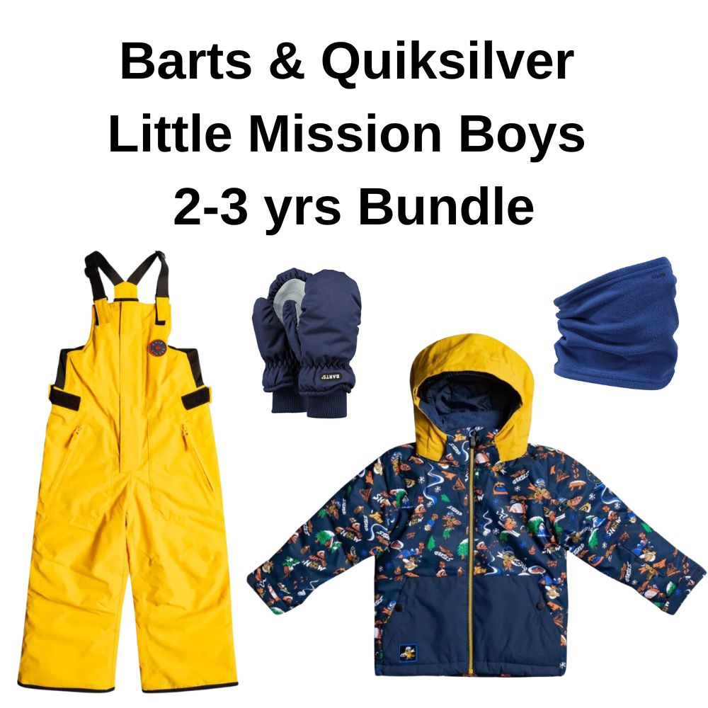 Quiksilver Little Mission Boys Ski Jacket & Bib Pants Set with Barts Neck Warmer and Mittens - Winter Snowsuit Bundle for Kids Skiing, Snowboarding & Outdoor Activities