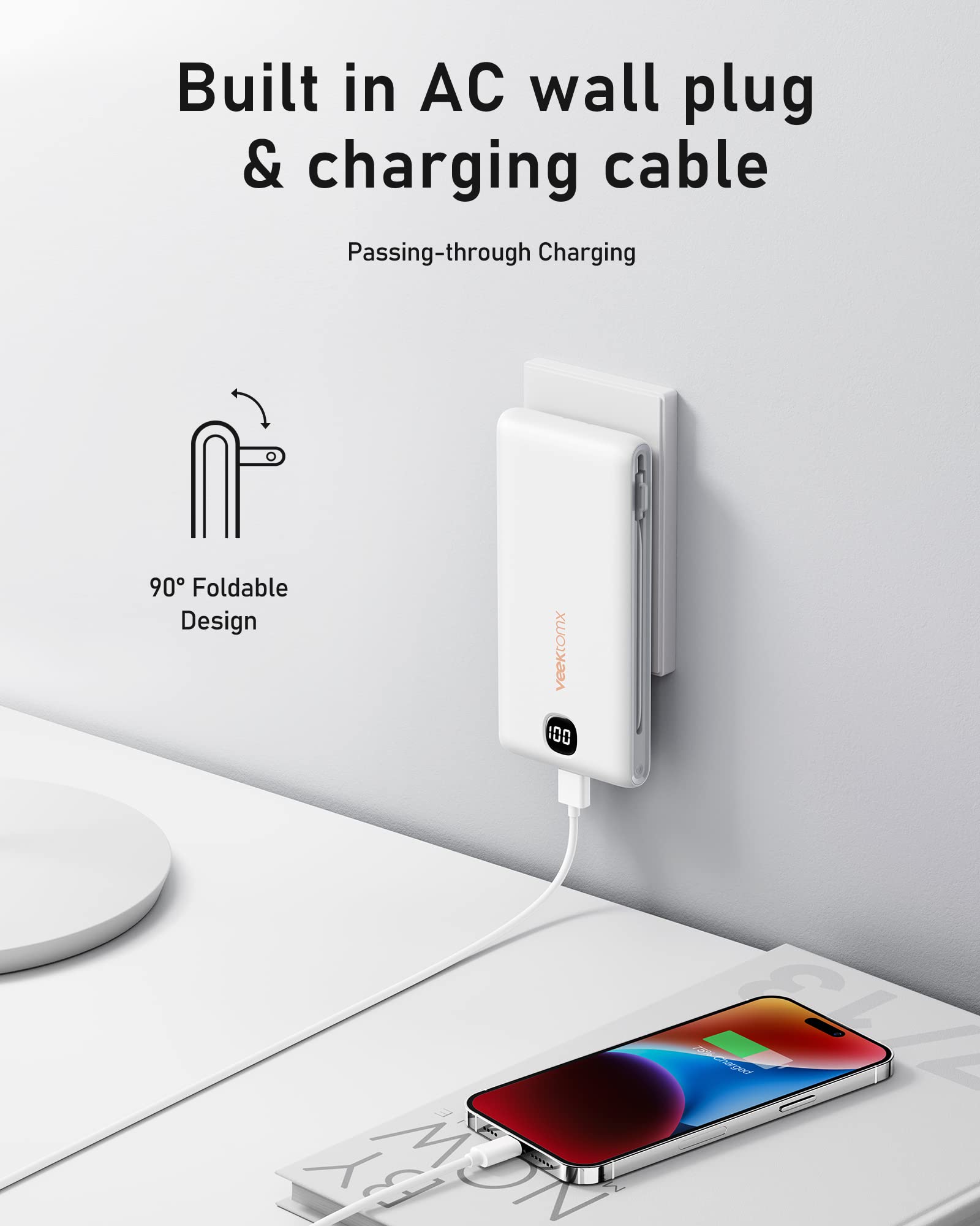 VEEKTOMX 10000mAh Slim Portable Charger with Built-in Cables - Fast Charging Power Bank for iPhone 16/15/14, Samsung, iPad | Includes Wall Plug & USB-C | Perfect for Travel, Camping, and Emergency Power Backup