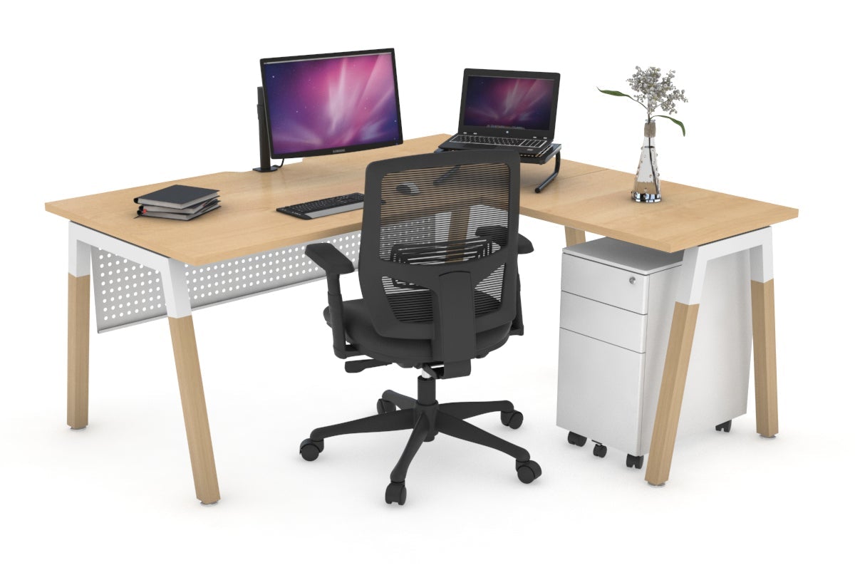 Quadro A Legs L-Shaped Corner Office Desk with Wood Legs & Cross Beam - 1400L x 1800W, Cable Management Scallop - Perfect for Home Office, Gaming Setup & Workspace Organization