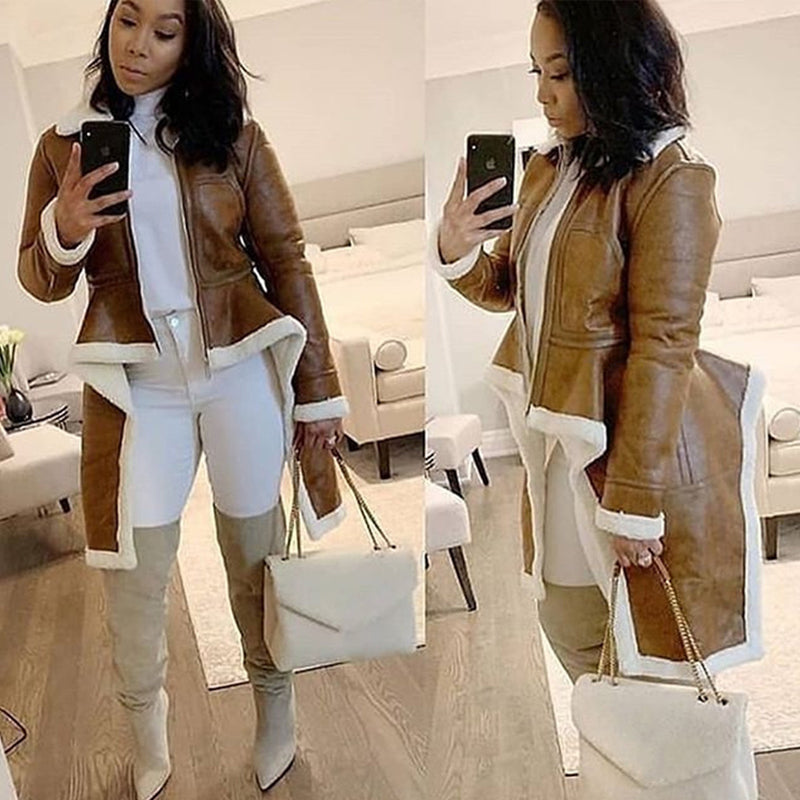 Stylish Lambskin Coat with Asymmetrical Hem - Trendy Winter Outerwear for Women | Perfect for Casual Outings & Evening Events