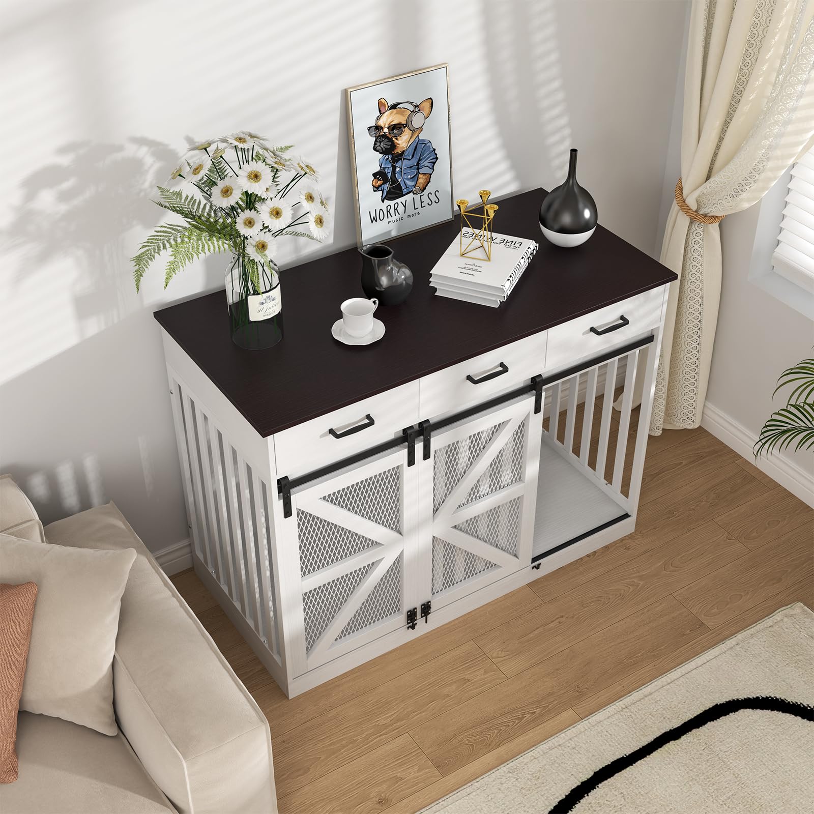 2-in-1 Farmhouse Style Wooden Dog Crate Furniture with Storage Drawers - Large Pet Kennel with Double Doors - 24