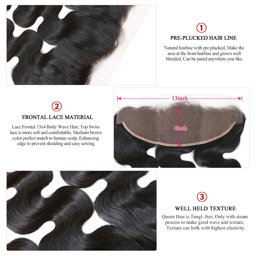 100% Virgin Unprocessed Human Hair 13x4 Lace Frontal - Queen Hair Body Wave Ear to Ear Free Part Natural Black (12 Inches) | Perfect for Protective Styles, Weaves & Everyday Glam