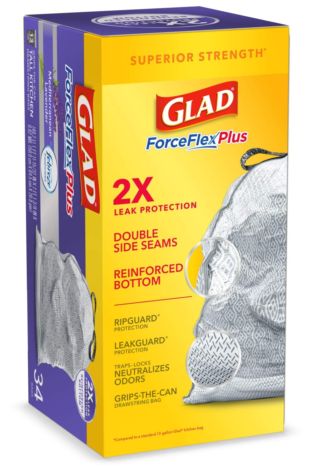 Glad ForceFlexPlus Tall 13 Gallon Drawstring Trash Bags with Febreze Freshness - Lavender Scented Heavy Duty Garbage Bags (34 Count) for Kitchen, Bathroom & Office Waste Disposal