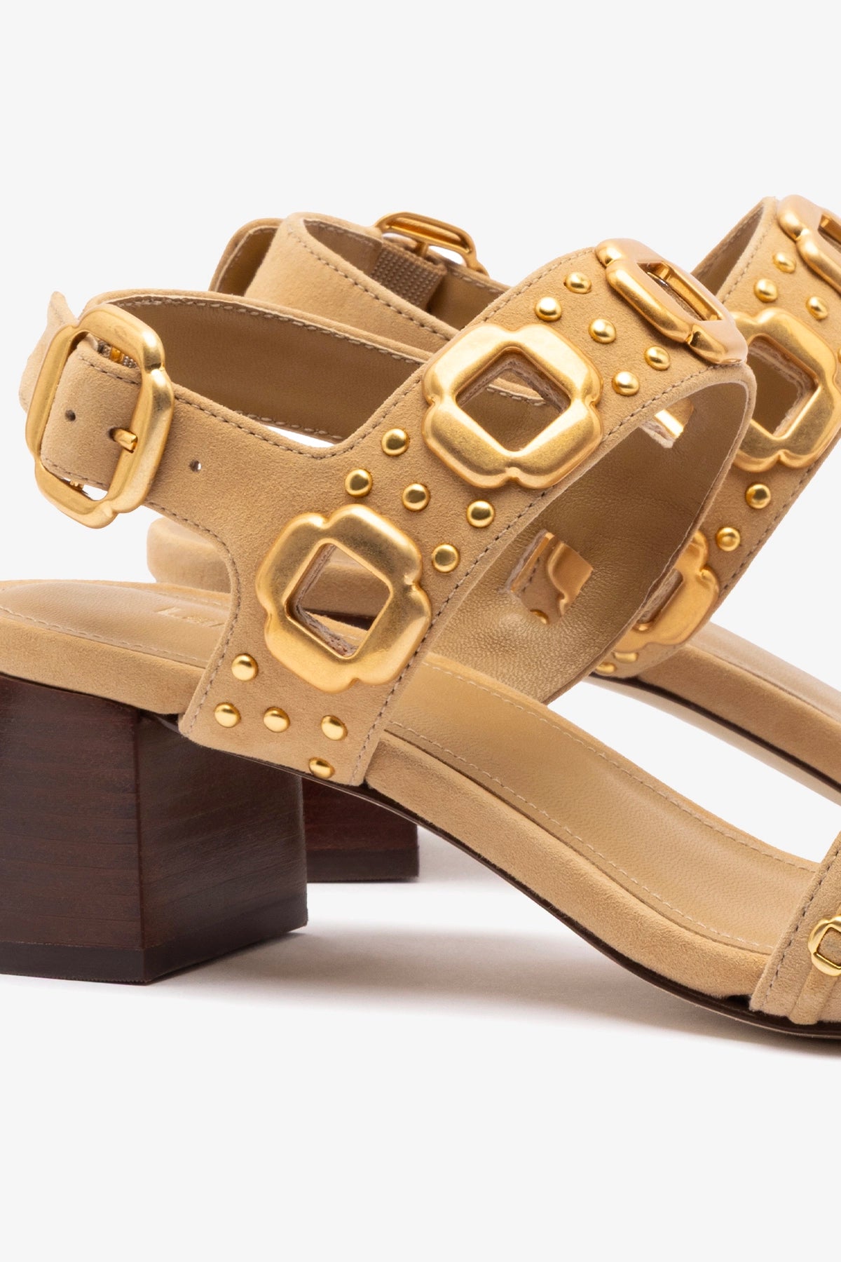 Milan Studs Block Heel Sandals for Women - Peanut Suede Comfortable Chunky Heel Shoes | Perfect for Summer Outfits, Weddings & Date Nights