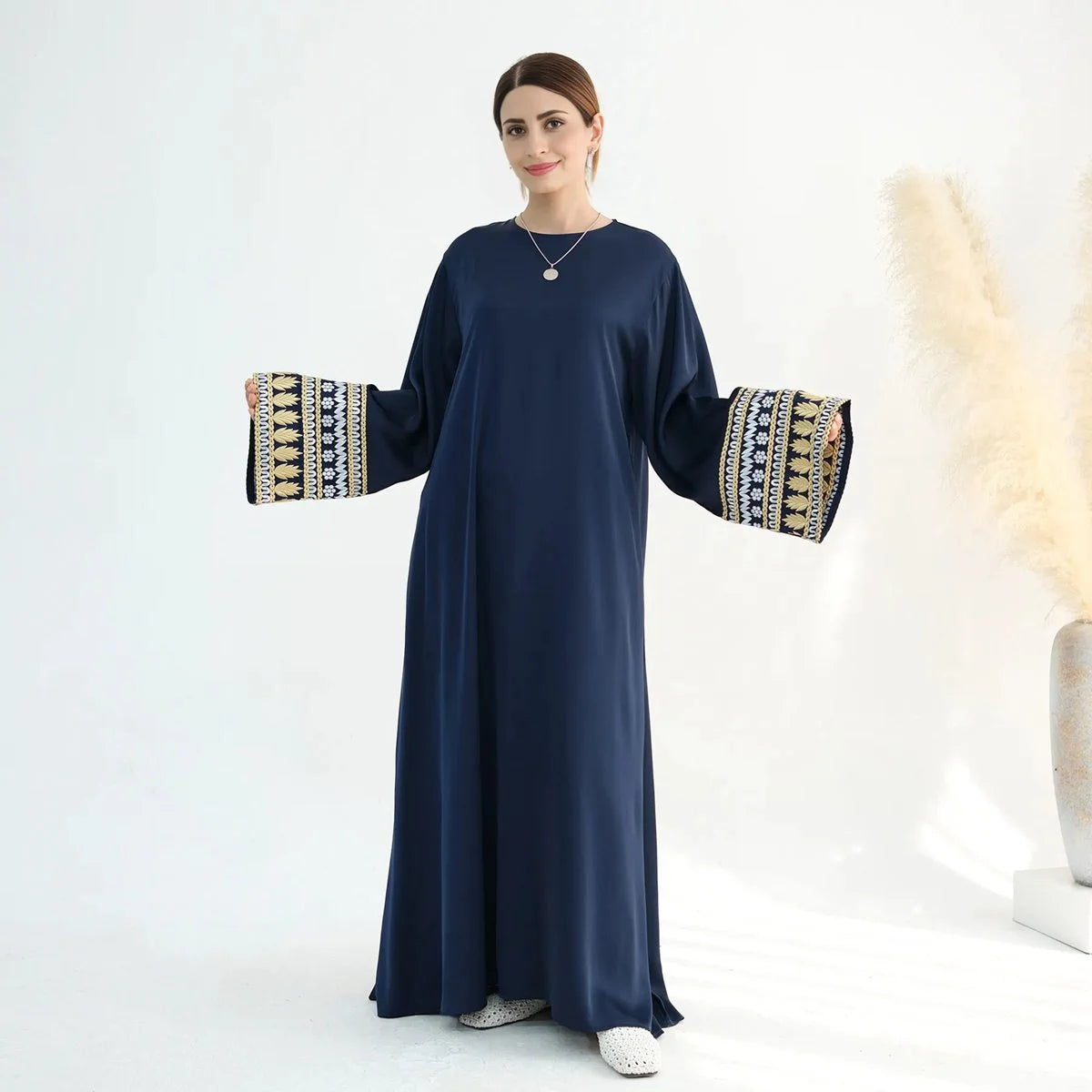 Elegant Satin Abaya Dress with Embroidery Cuff - Modest Islamic Clothing for Women | Perfect for Prayer, Eid, and Special Occasions