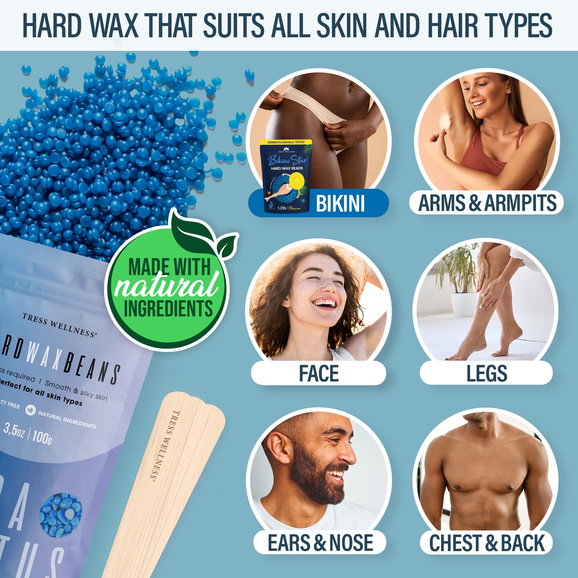 Tress Wellness Elemental Blue Wax Warmer Kit for Bikini & Body Hair Removal - Professional Home Waxing for Smooth Skin | Perfect for DIY Spa Days & Salon-Quality Results