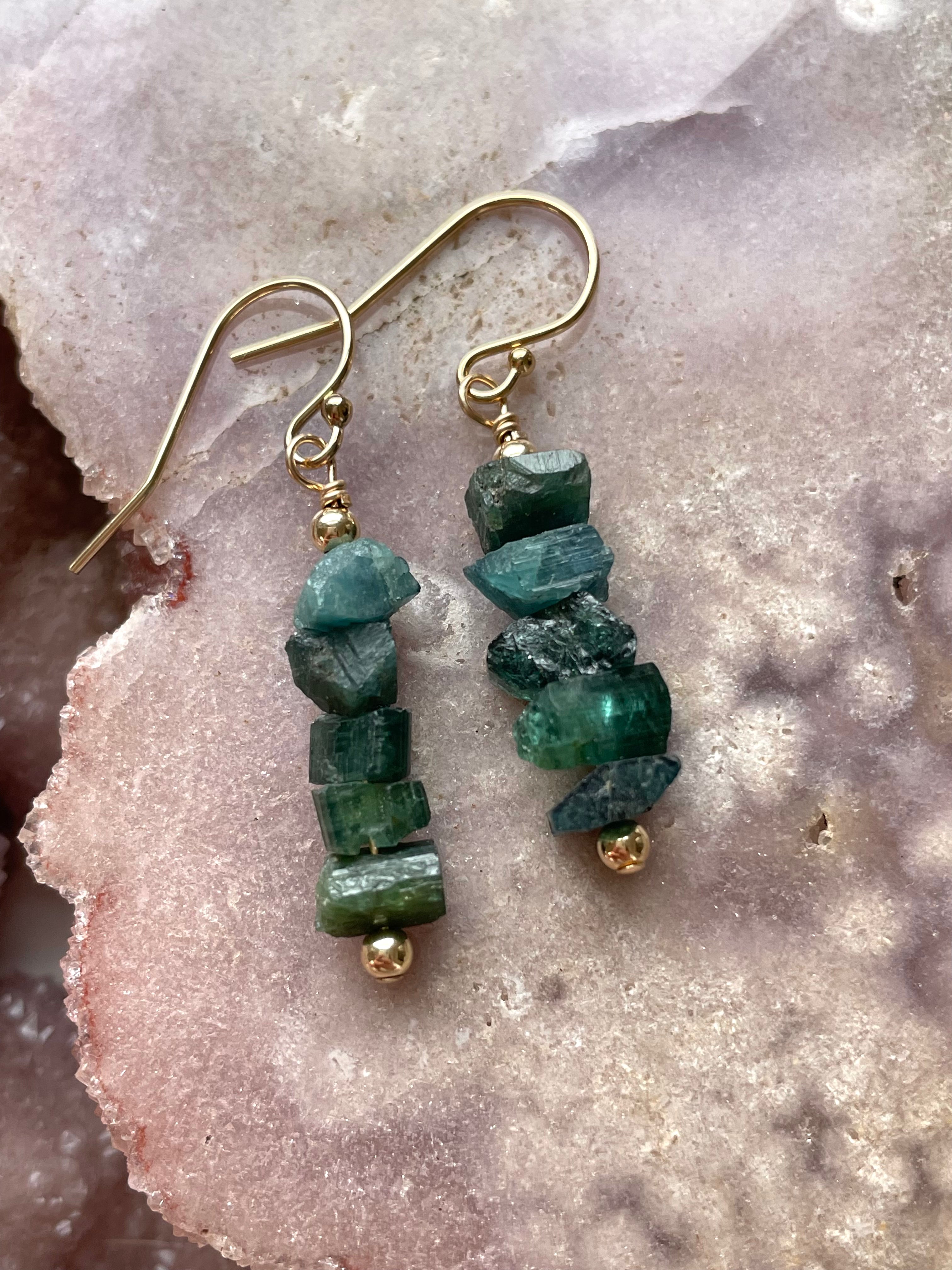 Natural Green Tourmaline Dangle Earrings - Raw Crystal Drop Earrings in 14K Gold for Women | Boho Chic Jewelry Gift for Birthday, Wedding & Everyday Wear