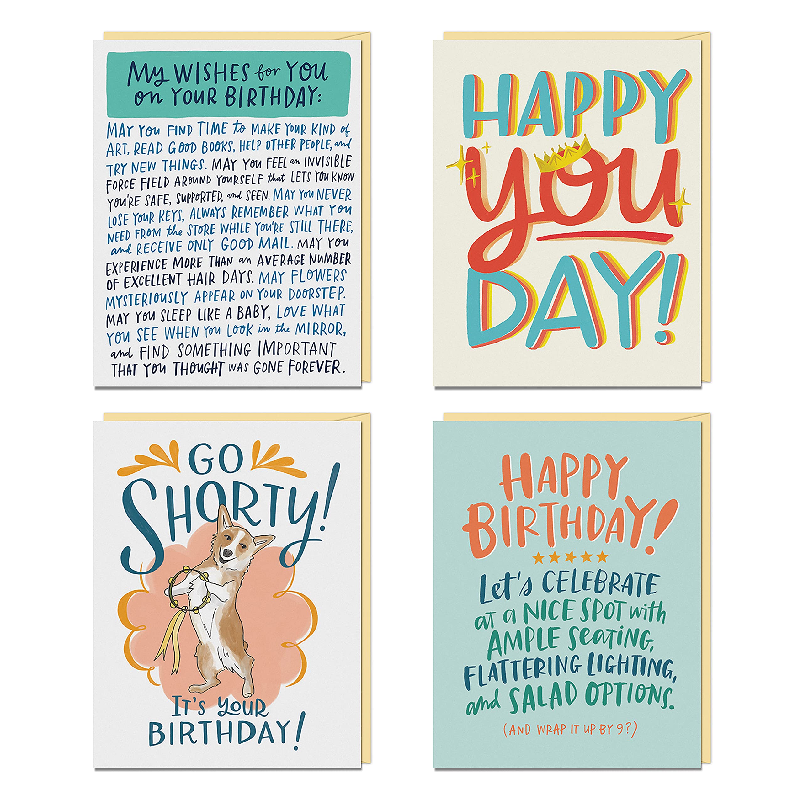 Em & Friends Happy Birthday Greeting Cards Set - 8 Blank Inside Illustrated Cards (4 Assorted Designs, 2 Each) for Birthday Wishes & Celebrations | Perfect for Parties, Gifts & Special Occasions
