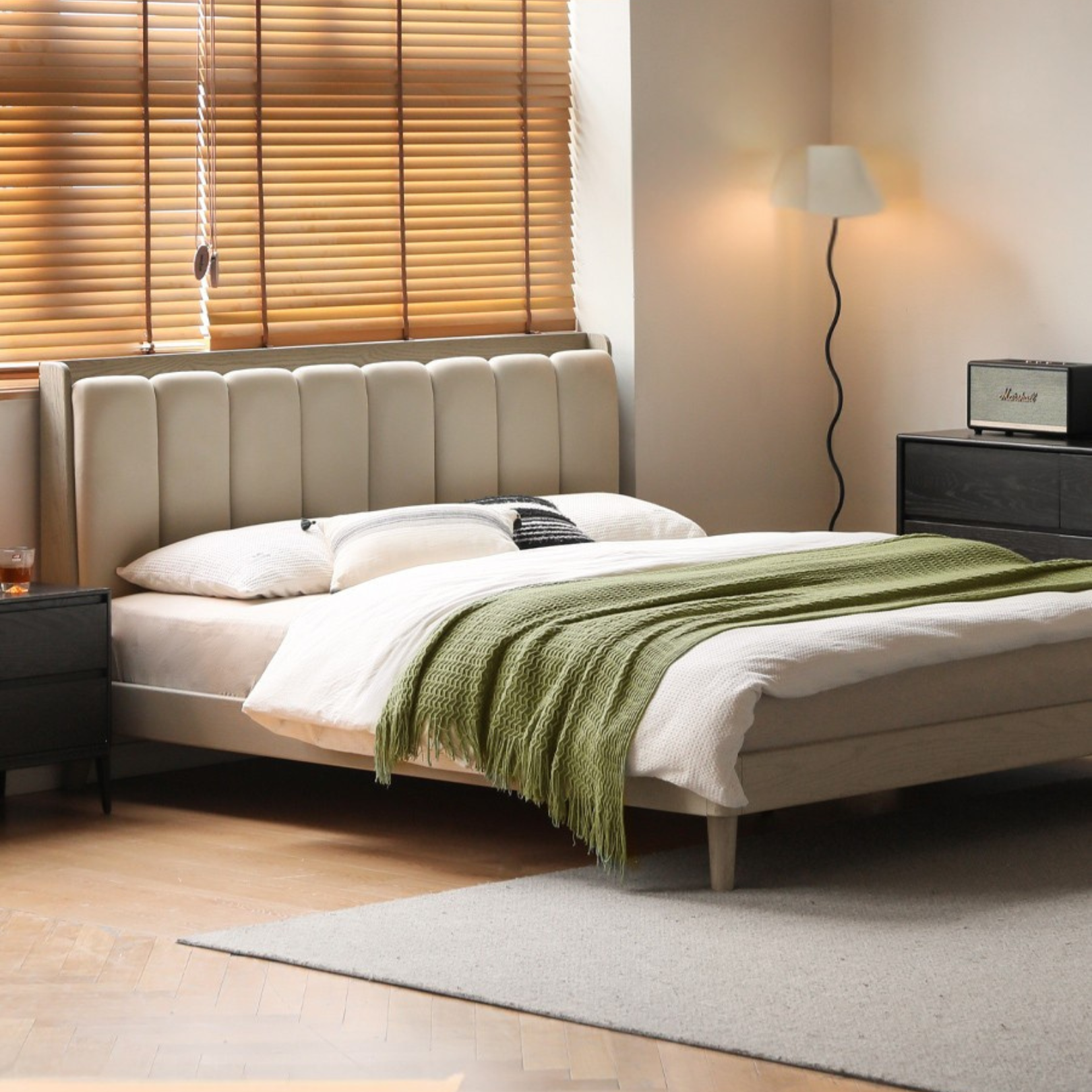 Premium Oak Solid Wood Piano Key Bed Frame with High-Tech Fabric Upholstery – Perfect for Modern Bedrooms, Guest Rooms & Luxury Home Decor