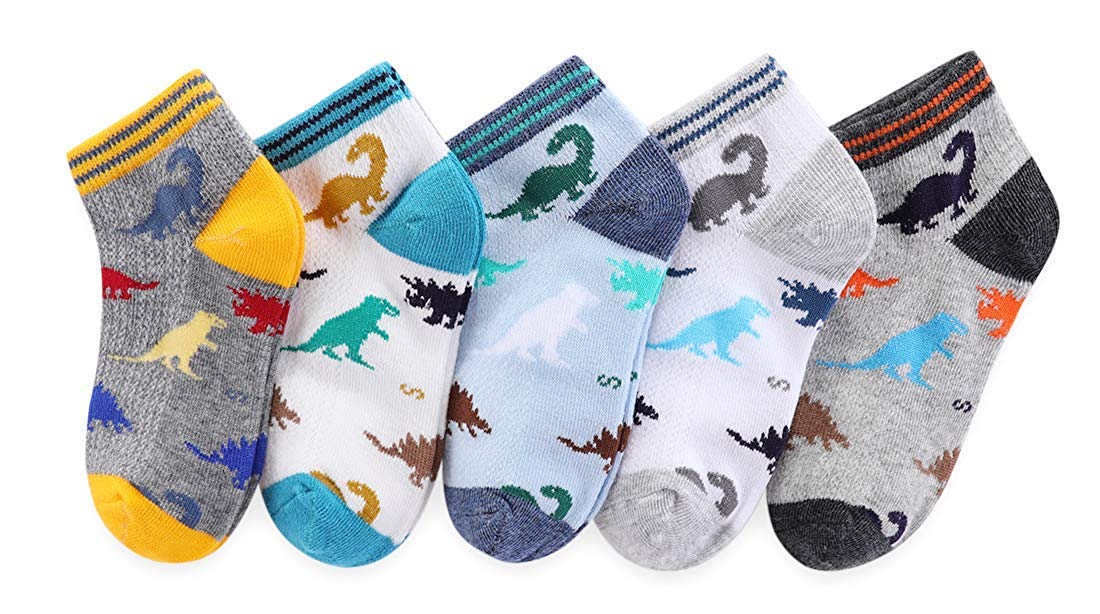 CHUNG Boys Cotton Ankle Socks 5/10 Pack - Low Cut Dinosaur Print Mesh Socks for Kids 2-9 Years - Lightweight Breathable for School, Running, Sports & Casual Wear - Perfect for Daily Activities and Playtime