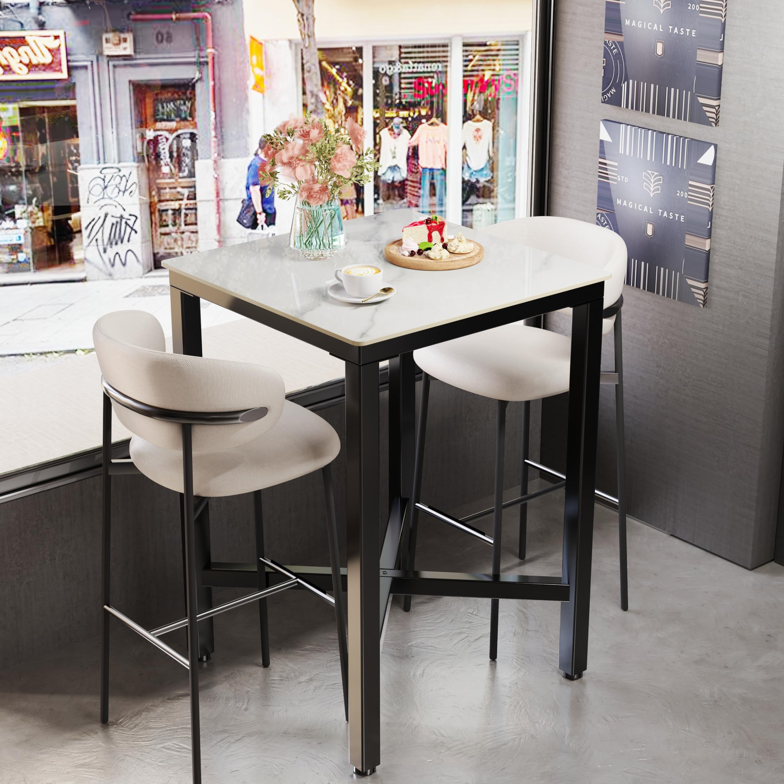 Wisfor White Square Sintered Stone Bar Table with Black Metal Frame - 27.56x27.56x41.34 Inch High Top Pub Table, Small Breakfast Dining Table, Tall Coffee Table with Cross-Legs - Perfect for Kitchen Islands, Outdoor Patios, and Modern Living Rooms