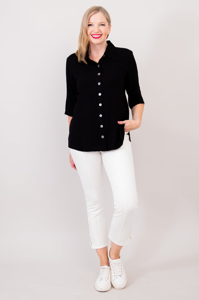 Lorine Blouse Women's Linen Bamboo Blend Black Top - Elegant Casual Shirt for Office, Date Night & Summer Outfits