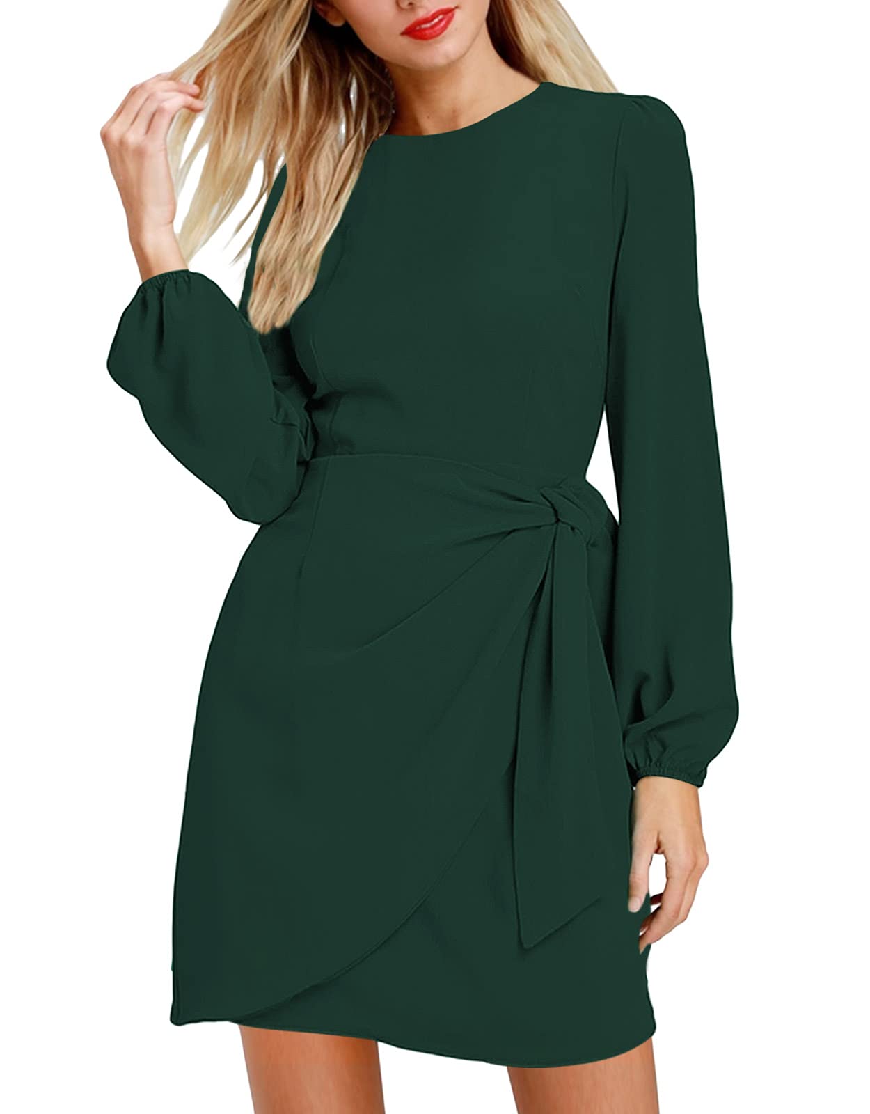 Elegant Women's Long Sleeve Wrap Skater Dress - Tie-Front Cocktail Party Mini Dress for Date Night, Wedding Guest & Holiday Events